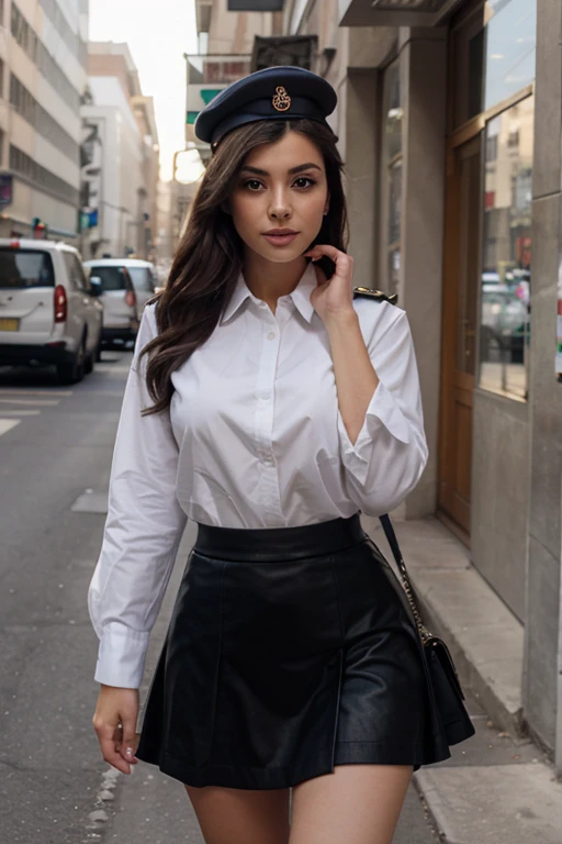 1girl, Solo, One woman of about 25 years old,face similar to Michelle Pfeiffer, black long hair, Close-up portrait, Hazel eyes,shirt with long sleeves, black skirt, black pantyhose, standing outside, street photography, mature woman, body measurement 36-25-35, RAW Photography, 8k, , Masterpiece, Full Body Shooting, Top Quality, Fine Pore, Realistic, Photorealistic, Ultra Detailed