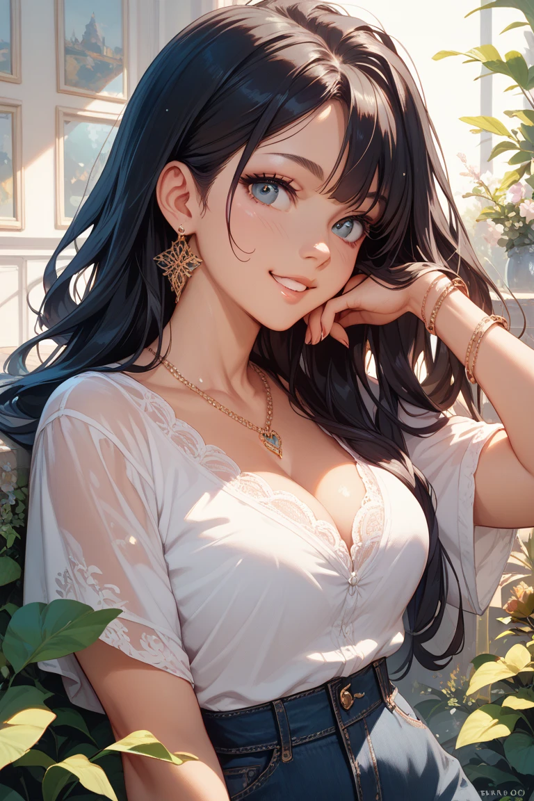 masterpiece, best quality, photorealistic, raw photo, 1girl, Huge breast, long hair, blouse, light smile, detailed skin, pore, off_shoulder, low key, black_background