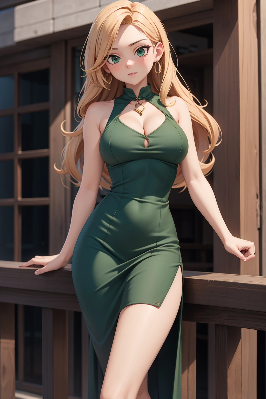 Only a girl with long curly light brown hair. Large, almond-shaped eyes, intense green. Slim and elegant figure. She was wearing a green elegant long dress, Big boobs, big ass, nsfw