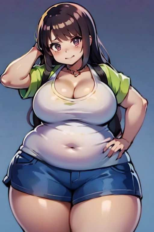 (big ass, thick thighs:0.7), (warm light source:1.2), intricate details, volumetric lighting, Realism BREAK(masterpiece:1.2), (top quality), 4K, ultra detail, (Dynamic configuration:1.4), Very detailed and colorful details,(rainbow colors:1.2), (shining lights, atmospheric lighting), dreamy, magical, (alone:1.2), intricate details, (fat, Belly Fat:1.5),1 belly button, cheeky expression, Sagging middle breasts, (green eyes:1.3), (Green long hair:1.5), (Hikikomori, jeans, white t shirt,:1.5), is a woman laying in bed with a cat on her lap, she has a jiggly fat round belly, her belly is fat and round, belly exposed, big stomach, her belly button is exposed, thicc, fat belly, , hinata hyuga, bouncy belly, body swelling about to explode, big belly