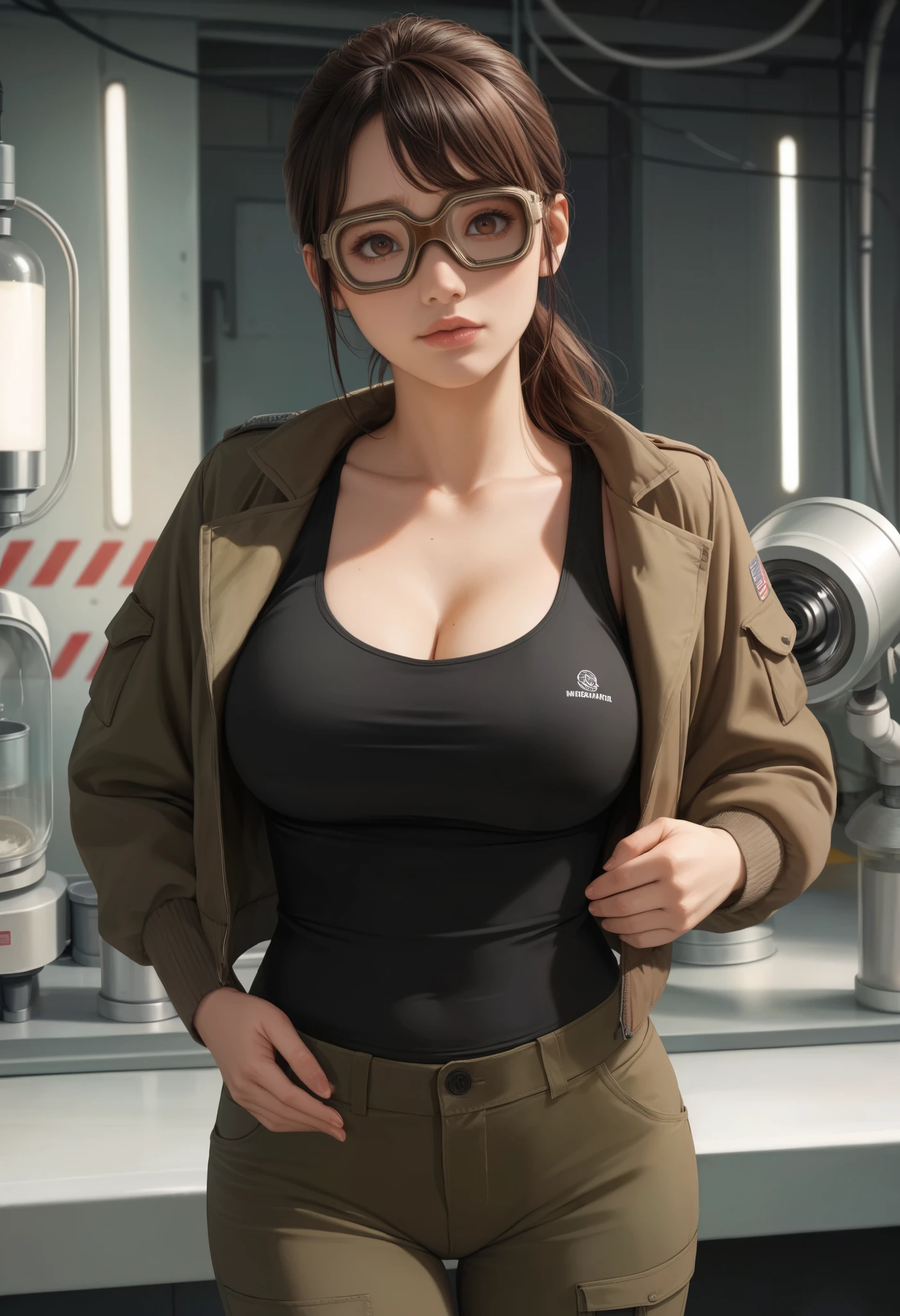 ((((masterpiece)))), (((( top quality)))), 8k, Movie Light ,REALISTIC TEXTURE,high image quality,fine grain, detailed face ,cute face,alone,filling machine to sort Canadian products,beautiful lips,with a neat face, Tayama Taichi who was wearing glasses ,dark brown hair,hair is finely organized,Tai Eyebrows,brown eyes,Industrial work clothes,work jacket, work pants,brown goggles ,Black Tank Top,Big Breasts,I took off my pants, cargo pants ,Ironworks