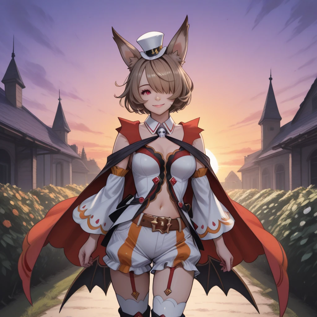 masterpiece, soft shading, 1girl, Furry, bunny ears, cat tail, anthropomorphic, female, orange fur, orange skin, (heterochromia, (blue eyes, pink eyes)), red hair, magical girl theme, revealing clothes, blue magical girl dress, sexy outfit, revealing outfit, loincloth, fantasy city, uploaded on e621, standing