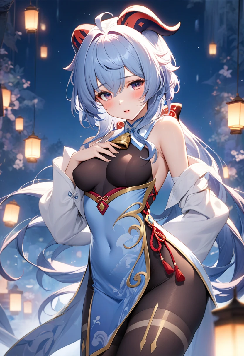 night,moon,game scenes,Ancient Chinese palaces are located above the clouds,Surrounded by clouds, girl,having fun,glazed tiles,lanterns,sheer transparent clothes,glyphic,((Color ink)),( (Splash ink ) ), ((Splash ink) ink})), masterpiece,high quality,Beautiful graphics,high detail