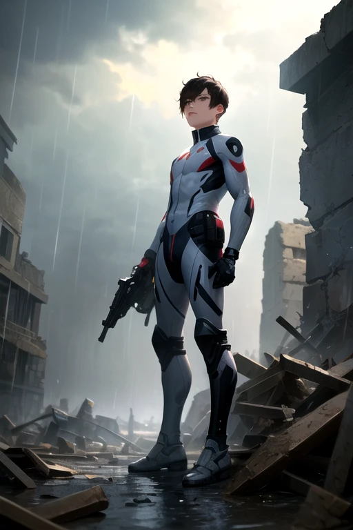 『Neon Genesis EVANGELION』Apostle Sachiel, Realistic depiction, White humanoid body, Cross-shaped face, Red eyes on face and chest, Big Hands, Firing an energy gun, High durability, Regenerative capacity, shock wave, High jumping ability, Jun sensitivity, Urban Background, Emphasize the sense of intimidation