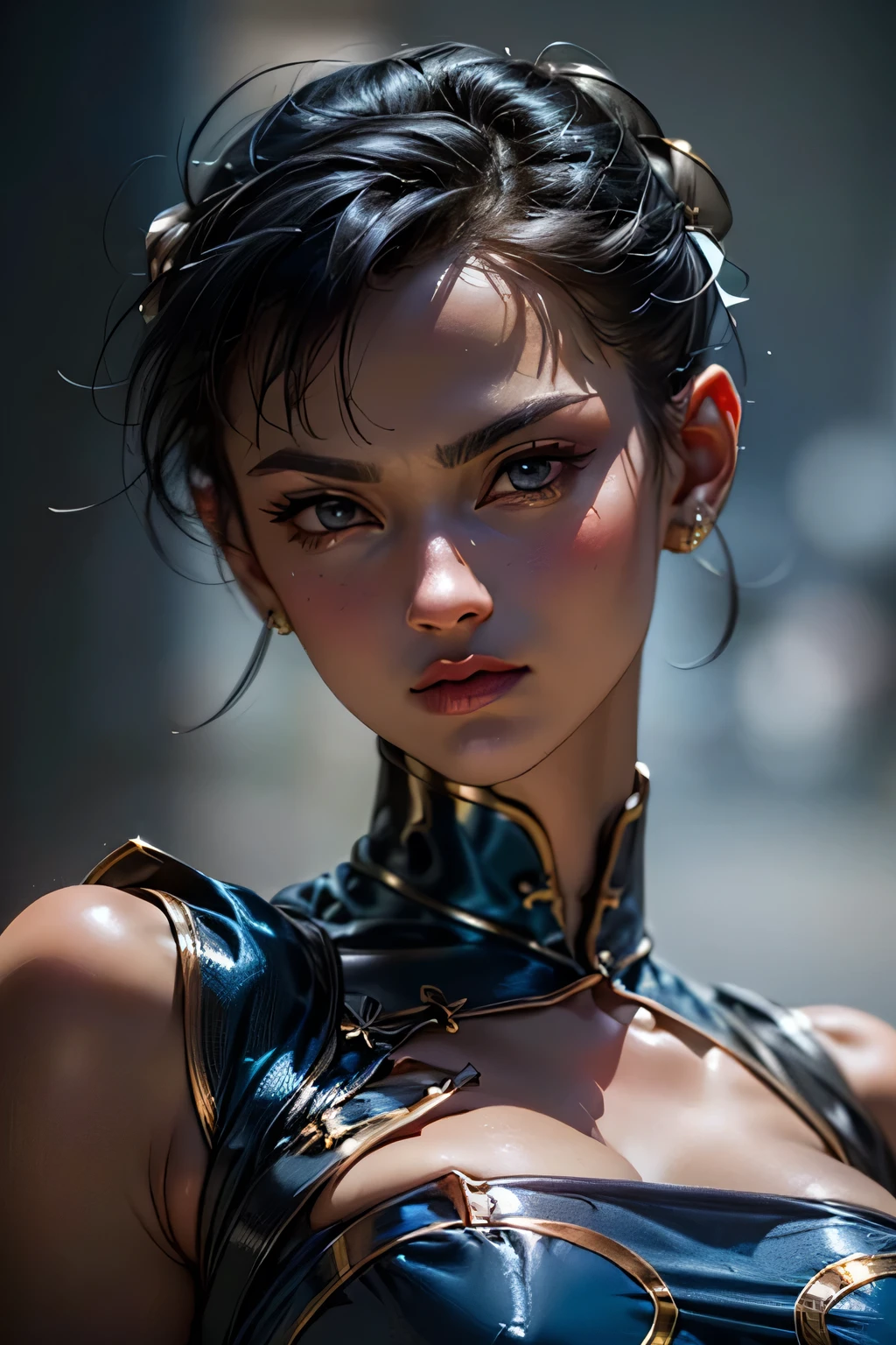 top quality,highest resolution,(((blue china dress with metallic luster shiny black hair glossy skin 16k))) Chunli athletic