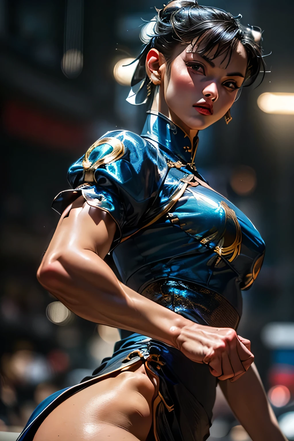 "(exquisitely detailed CG unity 8k wallpaper, masterpiece-quality with stunning realism), (best illumination, best shadow), (best quality), (elegant and demonic style:1.2), Arti modern anime. angled view, heroic pose, closeup full body portrait of stunningly beautiful Chunli from street fighter she has ((dark brown hair:1)), ((white laced boots:.5)), dynamic pose, blue qipao dress, full body, stunning body, in a Chinese market at night with neon lights, coy flirty sexy cute expression, slim body, highly ornamented and detailed, brown sheer pantyhose, depth of field blur effect, night, full zoom, action portrait, photorealistic. cinematic lighting, highly detailed. best quality, 4k, Better hand, perfect anatomy, leaning forward, foreshortening effects, coy flirty sexy expression, foreshortening effect, (piercing eyes:0.8), surrounded by an ominous and dark atmosphere, accentuated by dramatic and striking lighting, imbued with a sense of surreal fantasy". (kicking pose:1) ready to fight, wearing white laced military boots:1.5)
