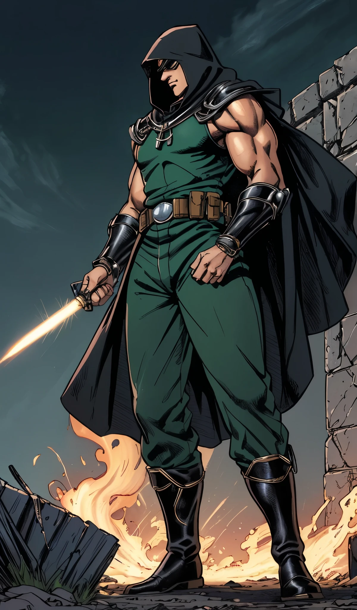 Drawn in 80’s anime art style.
Retro anime. Vintage Anime. Classical Anime.
The outfit is a highly recognizable and iconic superhero suit, primarily black and a little green, designed for both style and functionality. Here’s a detailed breakdown of its elements:
This person’s combat attire is a fusion of medieval warlord aesthetics, cutting-edge technology, and dark sorcery. He wears a cold, expressionless metal mask fused to his scarred face, paired with a reinforced helmet for added protection. His titanium alloy armor, sometimes infused with vibranium, grants superhuman strength, energy projection, and force field generation, making him nearly indestructible. Over this, he dons a fire-resistant green cloak and hood, often enchanted for extra defense. His gauntlets and boots contain built-in electrical weapons, jet propulsion for flight, and shock-absorption systems. A utility belt holds advanced gadgets, anti-magic tools, and teleportation devices, while his armor is infused with sorcery, allowing him to resist and counter magical attacks. His regal golden clasps, bearing the Latverian insignia, sometimes function as power sources or communication devices. This fearsome combination of strength, science, and sorcery makes them an unstoppable force on the battlefield.
This outfit not only provides protection but also enhances the Superhero’s combat capabilities, making them an effective and stylish anti-hero.