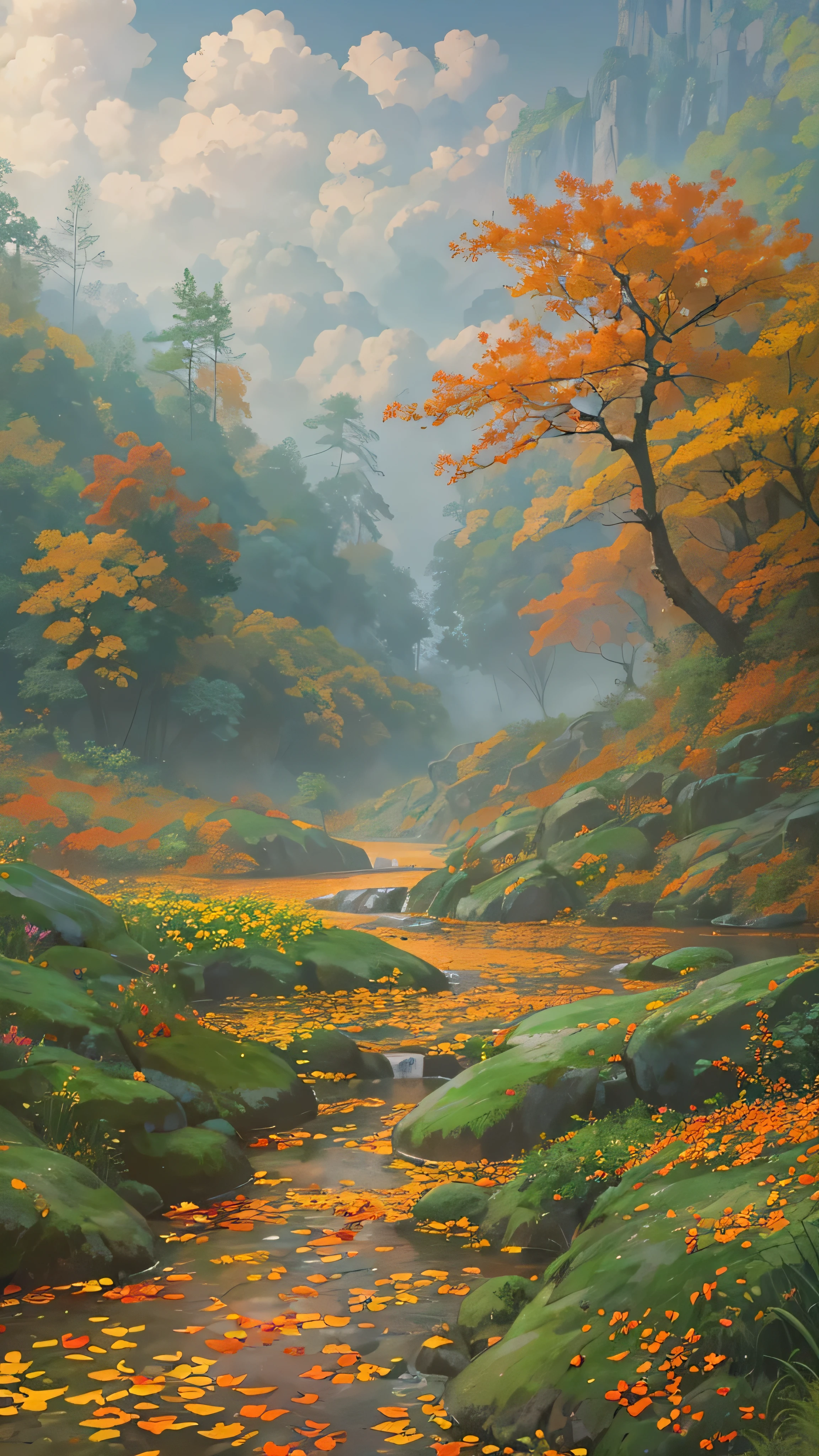 high image quality、oil,(Extremely Impressive VecG Unity 8k Wallpaper),spectacular river images of autumn leaves in the forest ,Small waterfall, Thick Fog ,Award-winning photo, Color Difference, Comprehensive, high image quality, Orange blossoms blooming, Monet 's Style、Detailed flower field 、popular on ArtStation、A fascinating harsh situation that has been talked about in cloudscape art、 Art by Midjourney