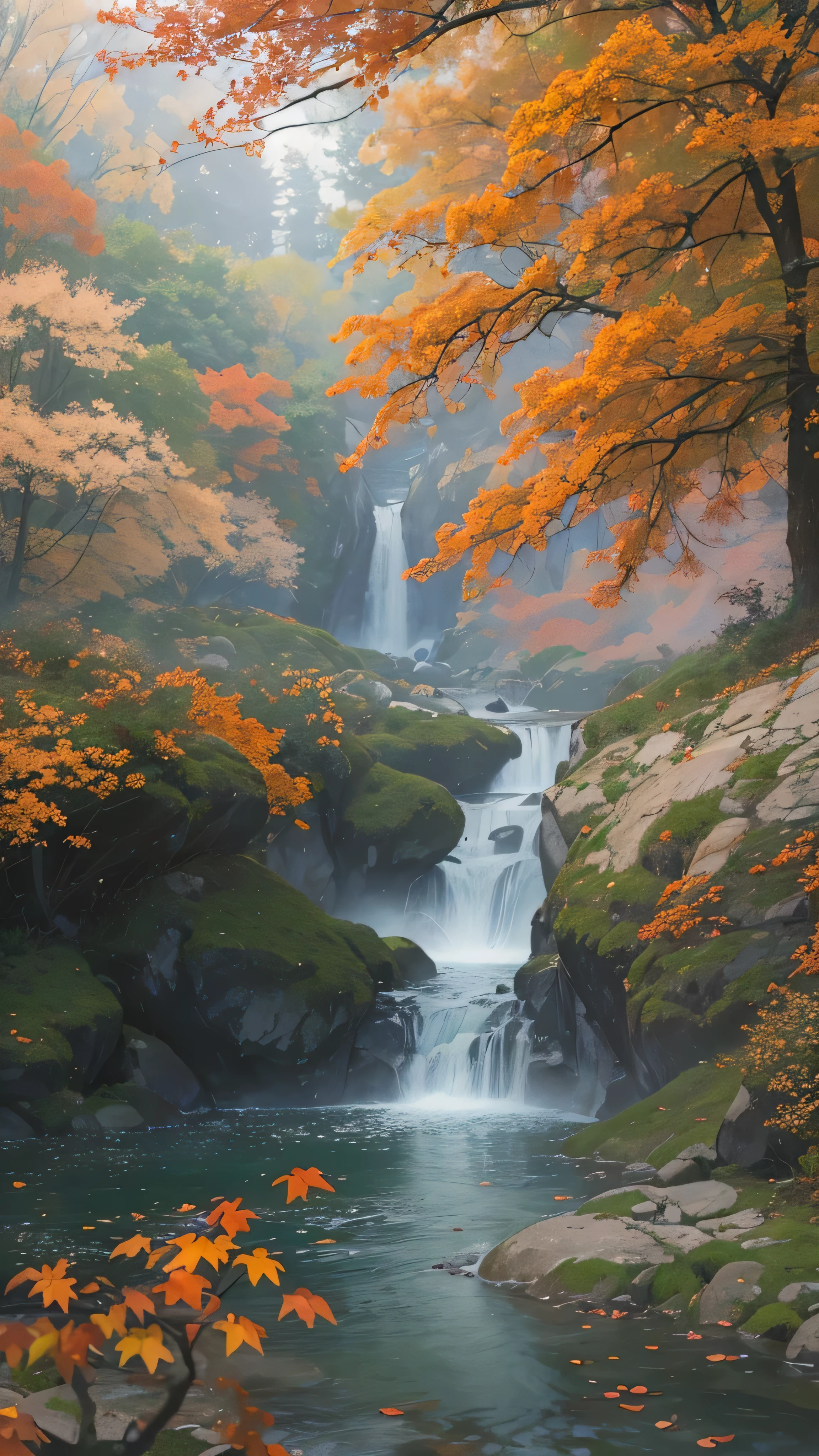 high image quality、oil,(Extremely Impressive VecG Unity 8k Wallpaper),spectacular river images of autumn leaves in the forest ,Small waterfall, Thick Fog ,Award-winning photo, Color Difference, Comprehensive, high image quality, Orange blossoms blooming, Monet 's Style、Detailed flower field 、popular on ArtStation、A fascinating harsh situation that has been talked about in cloudscape art、 Art by Midjourney
