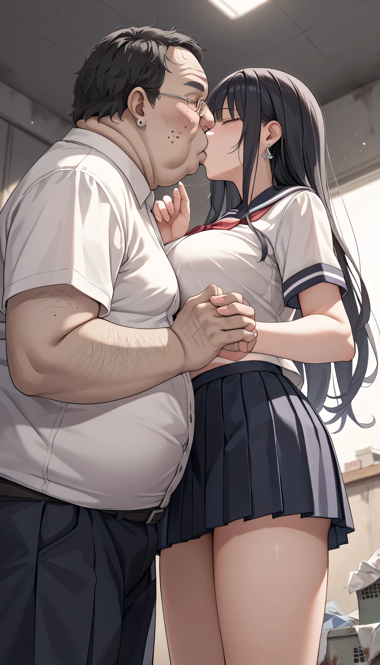 High school girl who came to clean the dirty room、 Trash Scattered in the darkroom 、 below 、 super low angle、 Big Breasts 、 Flashy Earrings and Black Long Hair、 cool face 、Pretty high school girl 、 Female High School Student Style Uniform Short Pleated Skirt Standing on a Chair、 Moist Black Hair 、 darkroom、In a completely dark room、no light, (Ugly Fat Man Touches Her Hand、 kiss)