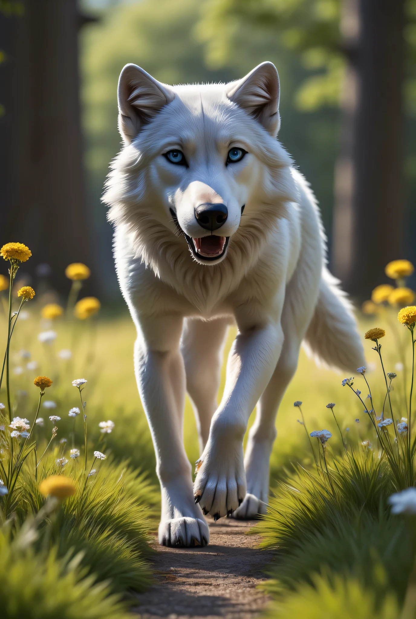  (masterpiece), best quality, 1wolf,  realistic, highly detailed, shallow depth of field, sharp focus, hyperrealism, cinematic lighting, photorealistic style, 8k solution, a large grey is walking down a forest path, forest floor covered with green grass and wild flowers, 
