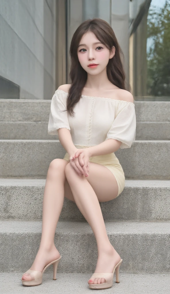 Front Angle, (8K, best quality, masterpiece:1.2), (Practical, photo-Practical:1.37), Extremely detailed, 1 girl, Looking at the audience, Beautiful and detailed sky, Detailed café street, sit, full_Body, Small head, Exquisite necklace, beautiful legs:1.2, Long legs:1.2, Slender legs, High heel:1.3, White socks:1.4, Medium breasts, High waist, Willow Waist, Off-shoulder, belt, Short bottoms, Beautiful and delicate eyes, daytime, Warm colors, White lace, (Long hair:1.4), Silver Medium Long Hair, White skin, light, Street Lights, (Tea table:1), (handbag:1), ulzzang-6500-v1.1:0.66,Large Breasts,Smiling