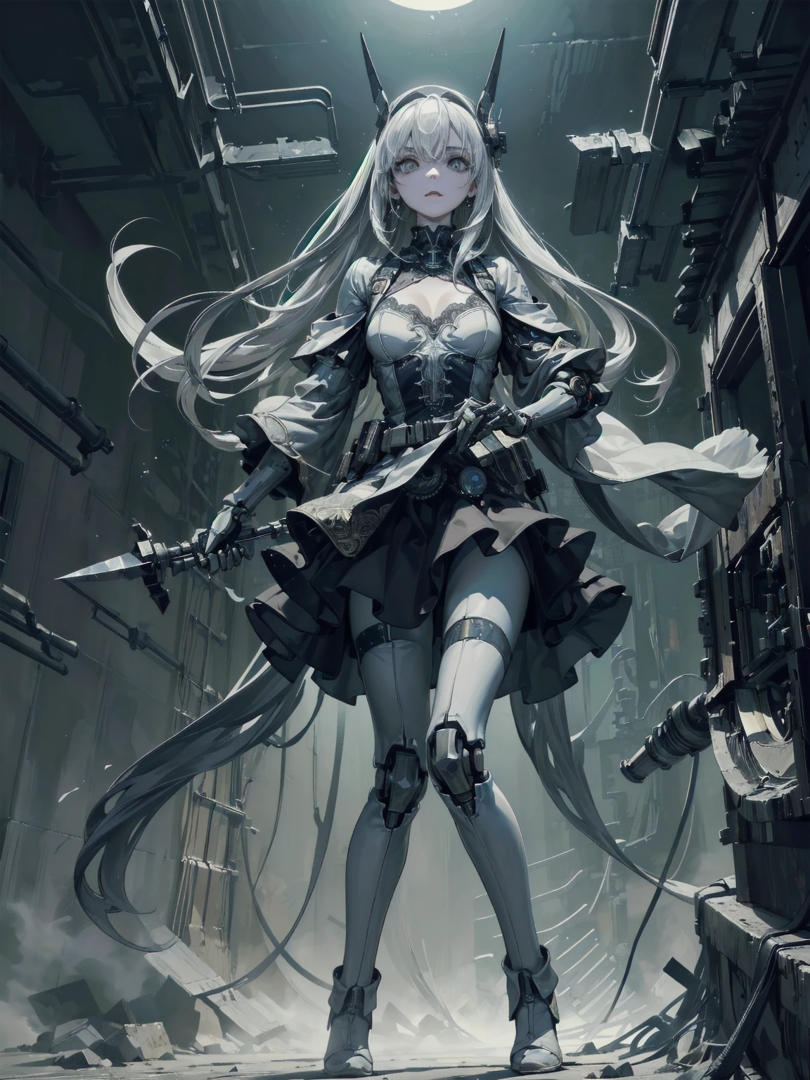 White-haired girl Mechanical prosthetic black coat Loli Melon seed face Black mask Medieval long sword Chinese style Distributed