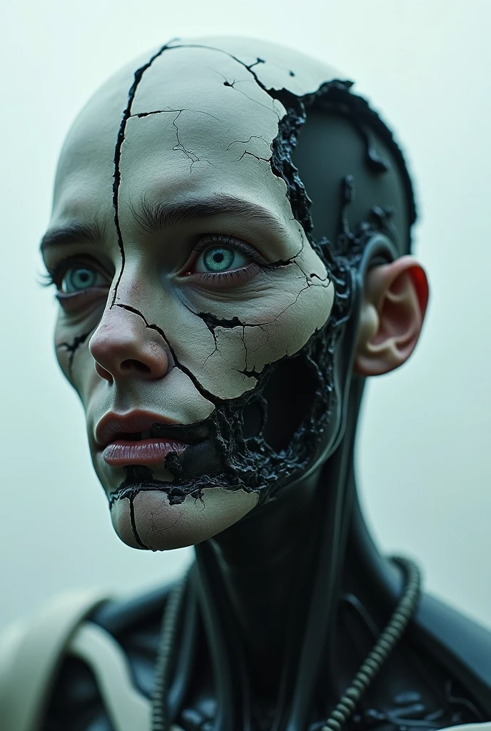 dark and gloomy (half body portrait:1.2) 8k unity render, female 35 year old cyborg, Blue yonder hair, wearing broken ceramic battle armor, at cluttered and messy shack , action shot, tattered torn shirt, (porcelain cracked skin:1.2), skin pores, wounds full of worms, detailed intricate iris, very dark lighting, heavy shadows, detailed, detailed face, (vibrant, photo realistic, realistic, dramatic, dark, sharp focus, 8k)
