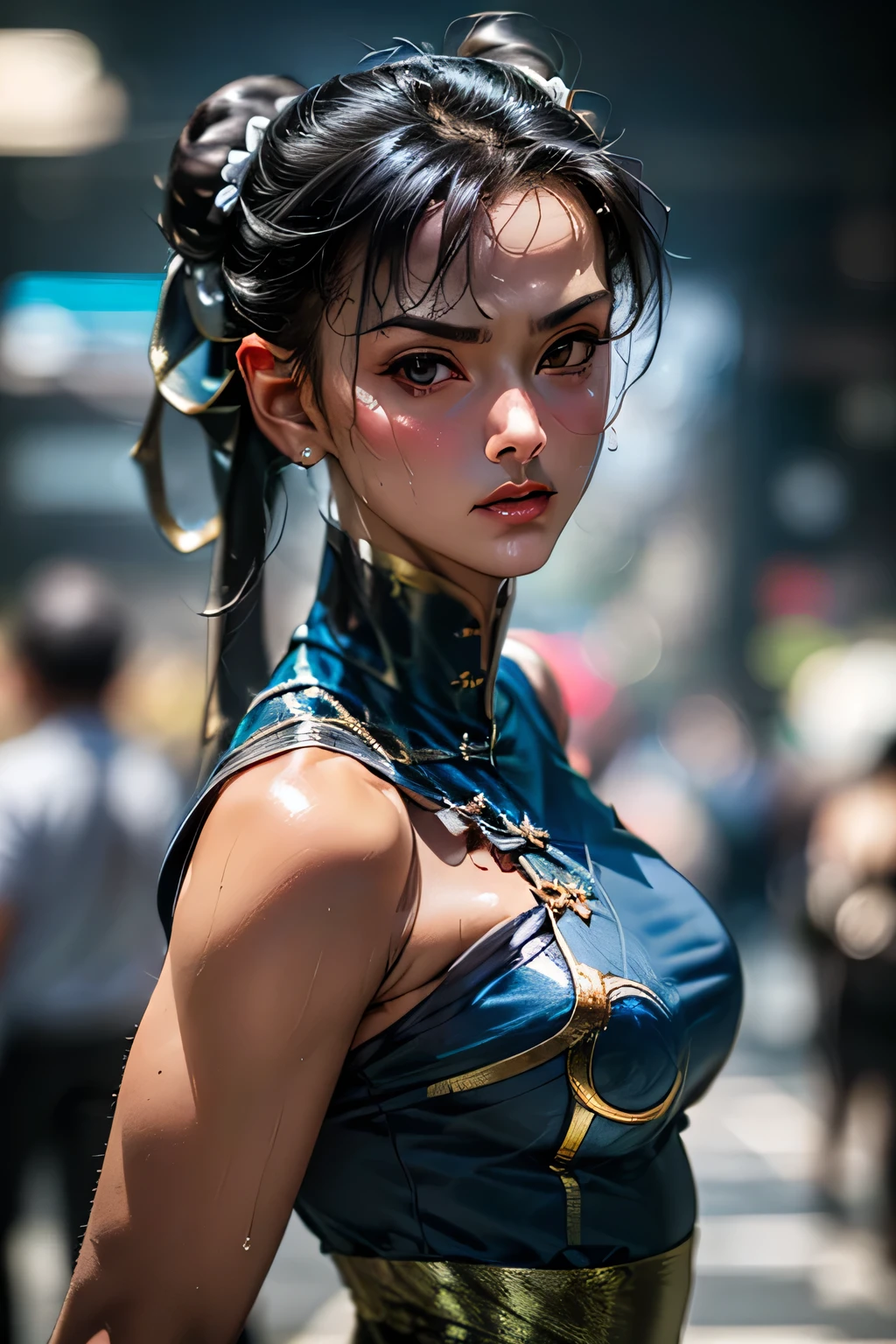 top quality,highest resolution,(((blue china dress with metallic luster shiny black hair shiny skin sweat 16k))) Chunli athletic
