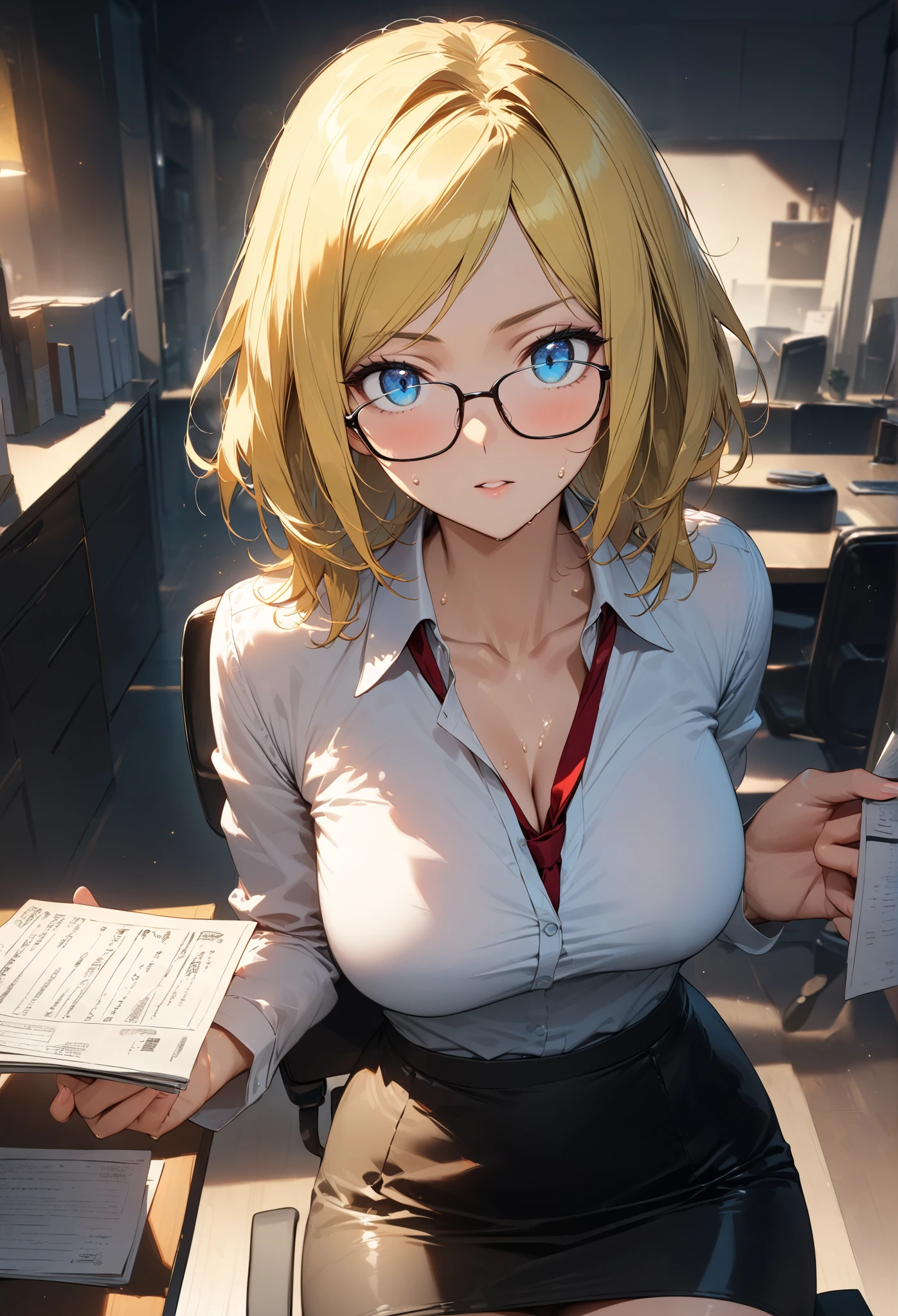 masterpiece,best quality,high resolution,16k,ultra HD,wallpaper,illustration,perfect face,cowboy shot,beautiful detailed eyes,extremely detailed face,perfect lighting,extremely detailed CG,perfect hands,perfect anatomy,perfect body,perfect hands,perfect fingers,1woman,full body, yellow hair,(yellow short left asymmetrical swpt bangs hair),(blue sharp eyes:1.1),large breasts,Medium ass,,(black business tuxedo),inner white shirt with red necktie,black pencil skirt,clothed,,collarbone,,looking at viewer, (),Steam,sweat,night park,(Terra Formars character Michelle K Davis),silver rectangle square frame glasses,(Tchibana Kenichi style illustration), Sitting in Office Chair, In Conference Room, reading tax ledger