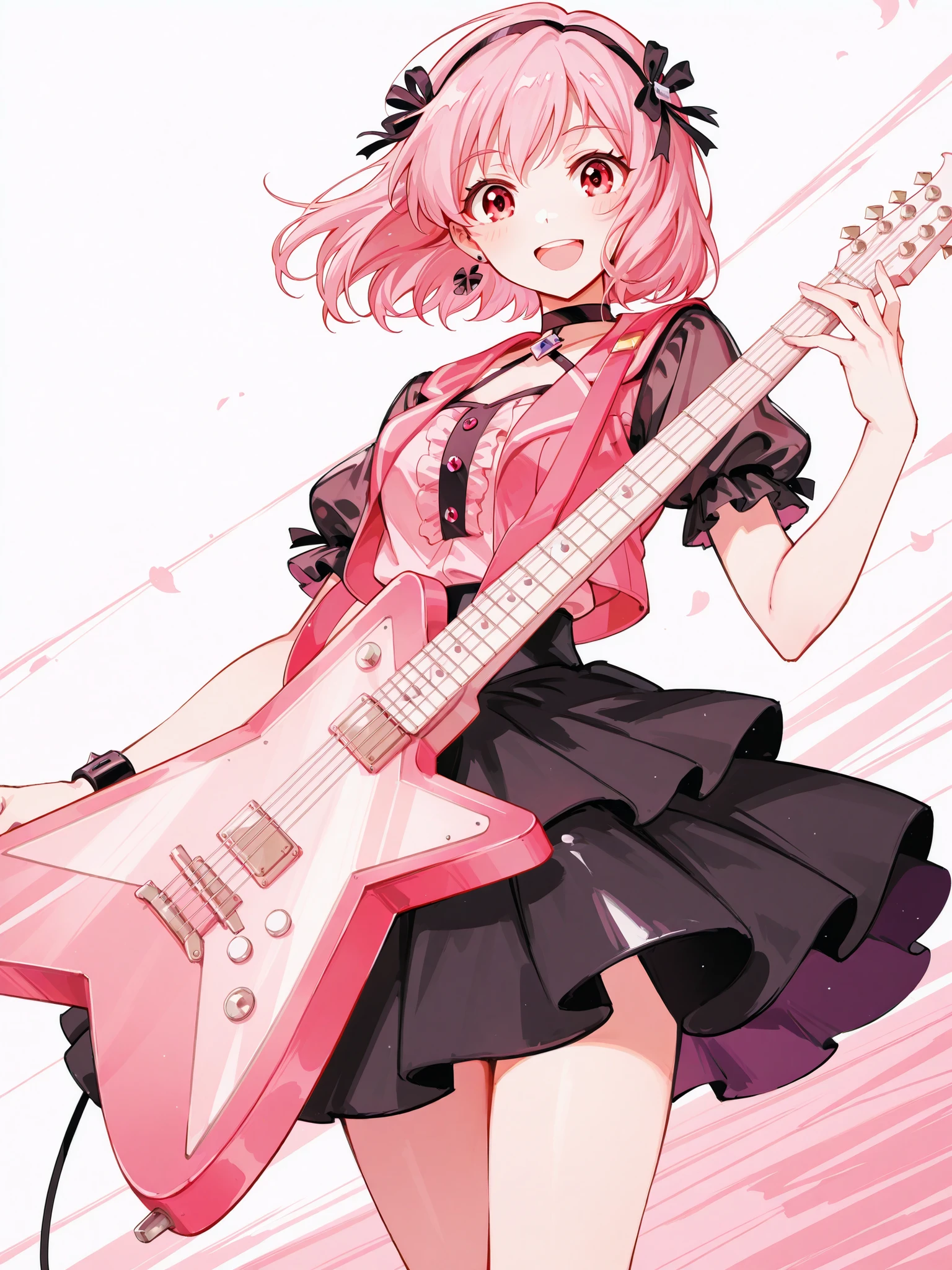 Anime girl band, Waifull playing guitar, super happy, contagious style, (anime 98%), aesthetic, view from bottom to top, clear, vibrant colors, (clothes: pink package, black skirt shirt, white details. Gothic cutie. Reflection on the guitar, iso< HD, RAW.