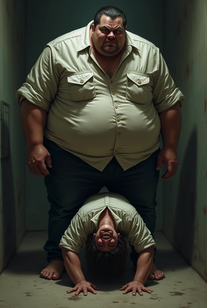 A man crushed by a fat man sitting with his belly exposed in a closet.