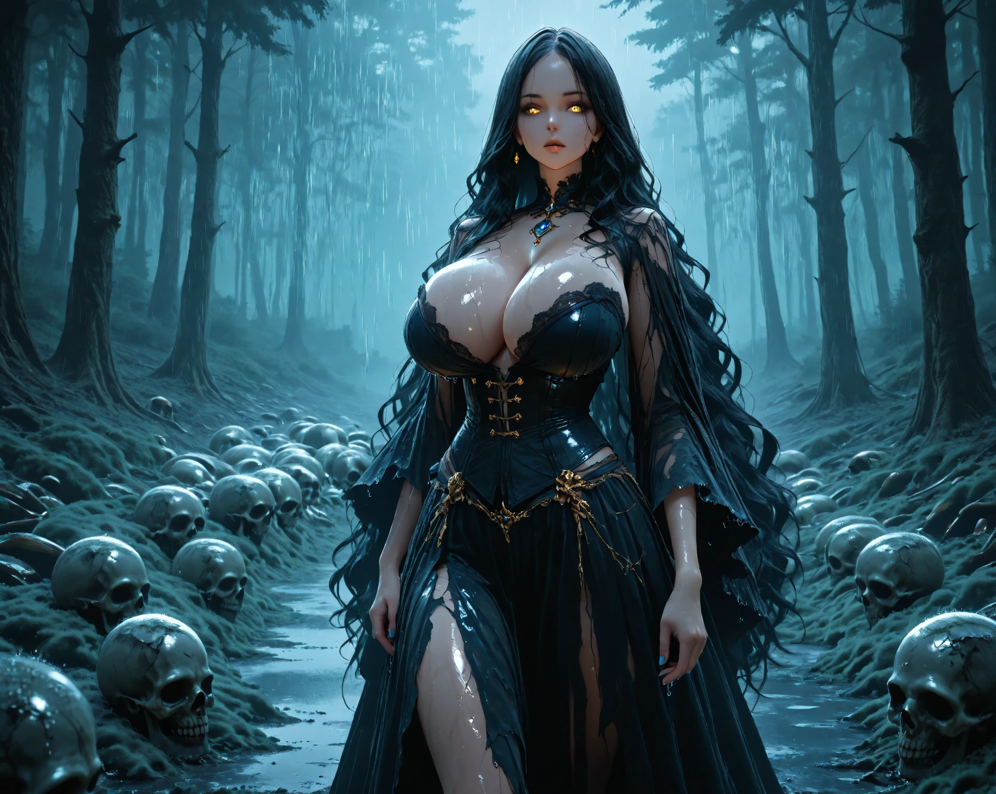 (best quality,4k,8k,highres,masterpiece:1.2),ultra-detailed,(realistic,photorealistic,photo-realistic:1.37),shadow enchantress female character,dark themed,atmospheric,haunting,black magic,witchcraft,conjured spirits,summoning spell,dark mystic,enchanted,mysterious ambiance,long black curly hair,mesmerizing eyes,pale skin,red lips,flowing black robe,ornate staff,wisps of smoke,ominous clouds,dark forest backdrop,skeletal ghosts,glowing orbs,evoking fear and curiosity,dark energy permeating the scene,faint moonlight piercing through the trees,ominous shadows,dramatic lighting,otherworldly presence,ghostly whispers,haunting melodies playing in the background,ethereal and captivating.