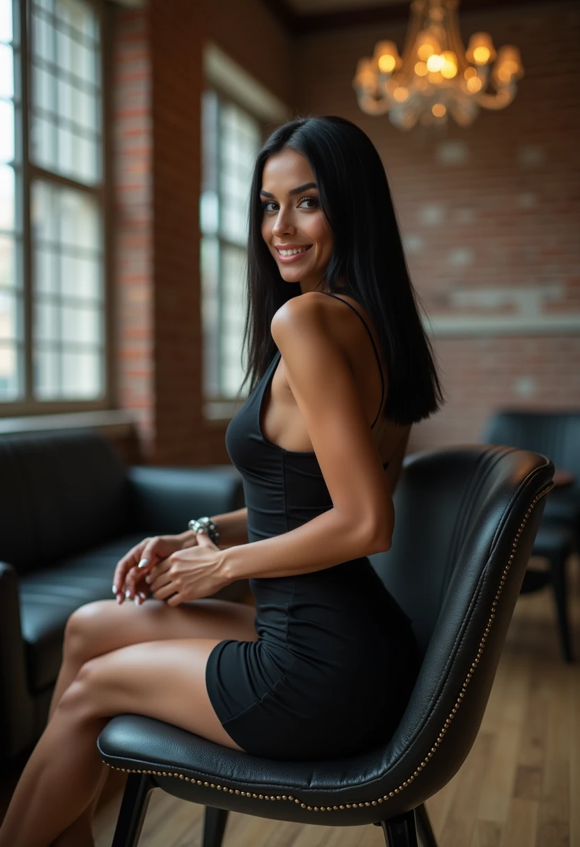 1mujer, (realista:0.75), black hair, hair chest length, ojos negros, feliz, sitting on a chair in a garden
