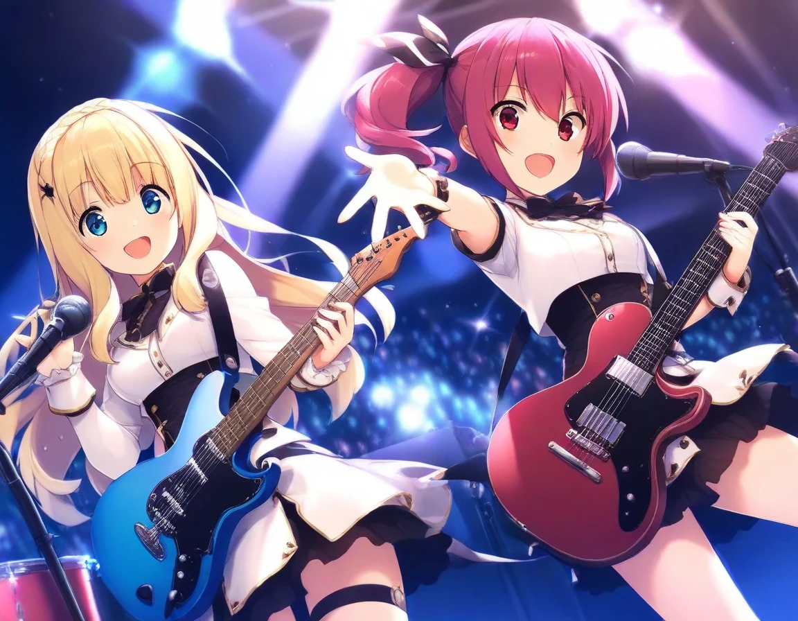 JK, anime girl band、2 girls、electric guitar、Correct fingers、 happy expression 、on stage、 Rock Band、 drums、audience、Resplendent lighting、top quality、8k、high definition、masterpiece、Ultra-detailed