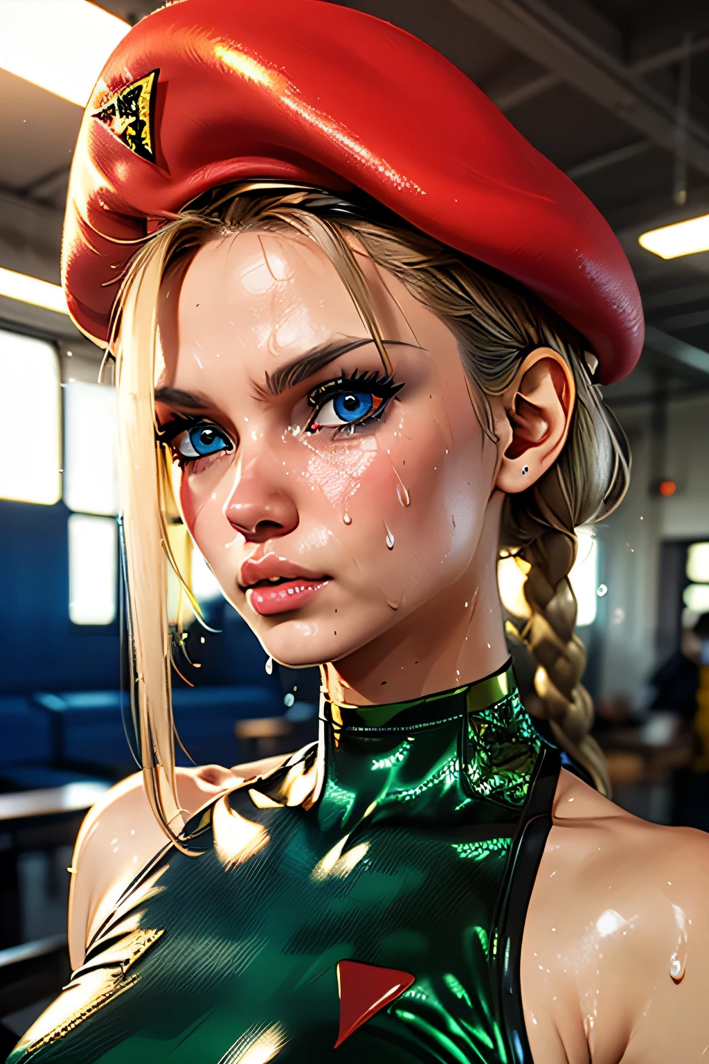 top quality,highest resolution,(((latex green leotard with metallic luster　red beret with metallic luster　Shiny Blonde　blue eyes　sweat)))  cammy　twin tails　braids　 girl