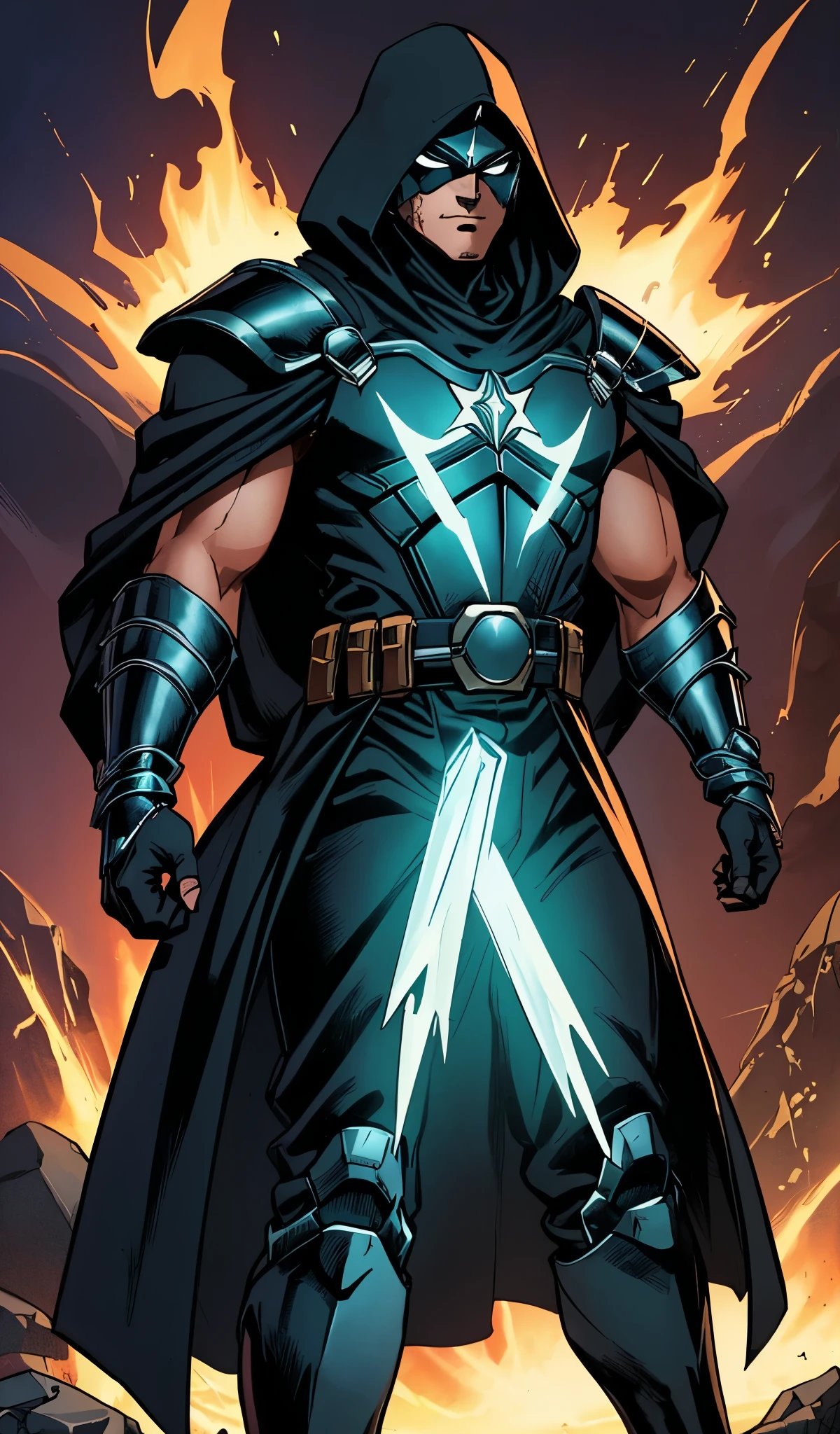 Drawn in 80’s anime art style. 
Retro anime. Vintage Anime. Classical Anime. 

The outfit is a highly recognizable and iconic superhero suit, primarily black and a little green, designed for both style and functionality. Here’s a detailed breakdown of its elements:

This person’s combat attire is a fusion of medieval warlord aesthetics, cutting-edge technology, and dark sorcery. He wears a cold, expressionless metal mask fused to his scarred face, paired with a reinforced helmet for added protection. His titanium alloy armor, sometimes infused with vibranium, grants superhuman strength, energy projection, and force field generation, making him nearly indestructible. Over this, he dons a fire-resistant green cloak and hood, often enchanted for extra defense. His gauntlets and boots contain built-in electrical weapons, jet propulsion for flight, and shock-absorption systems. A utility belt holds advanced gadgets, anti-magic tools, and teleportation devices, while his armor is infused with sorcery, allowing him to resist and counter magical attacks. His regal golden clasps, bearing the Latverian insignia, sometimes function as power sources or communication devices. This fearsome combination of strength, science, and sorcery makes them an unstoppable force on the battlefield.

This outfit not only provides protection but also enhances the Superhero’s combat capabilities, making them an effective and stylish anti-hero.