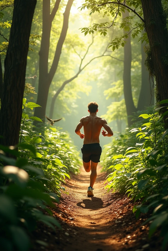 A man running on road in a forest we are taking photo from backside