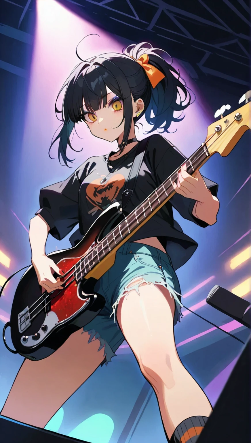 A young Japanese woman.
Long, straight blonde hair with long locks over her eyes and a small ponytail at the back.
his eyes are light blue.
She wears heavy makeup that highlights her eye color.
Soft red lipstick.
She wears a 90s Grunge style outfit, a long-sleeved white blouse with blue stripes, a ripped denim mini skirt and black allstar sneakers with ankle-length socks.
She is playing a red fender guitar.
She is facing the camera in an elegant and dynamic pose.
The scene is a stage.