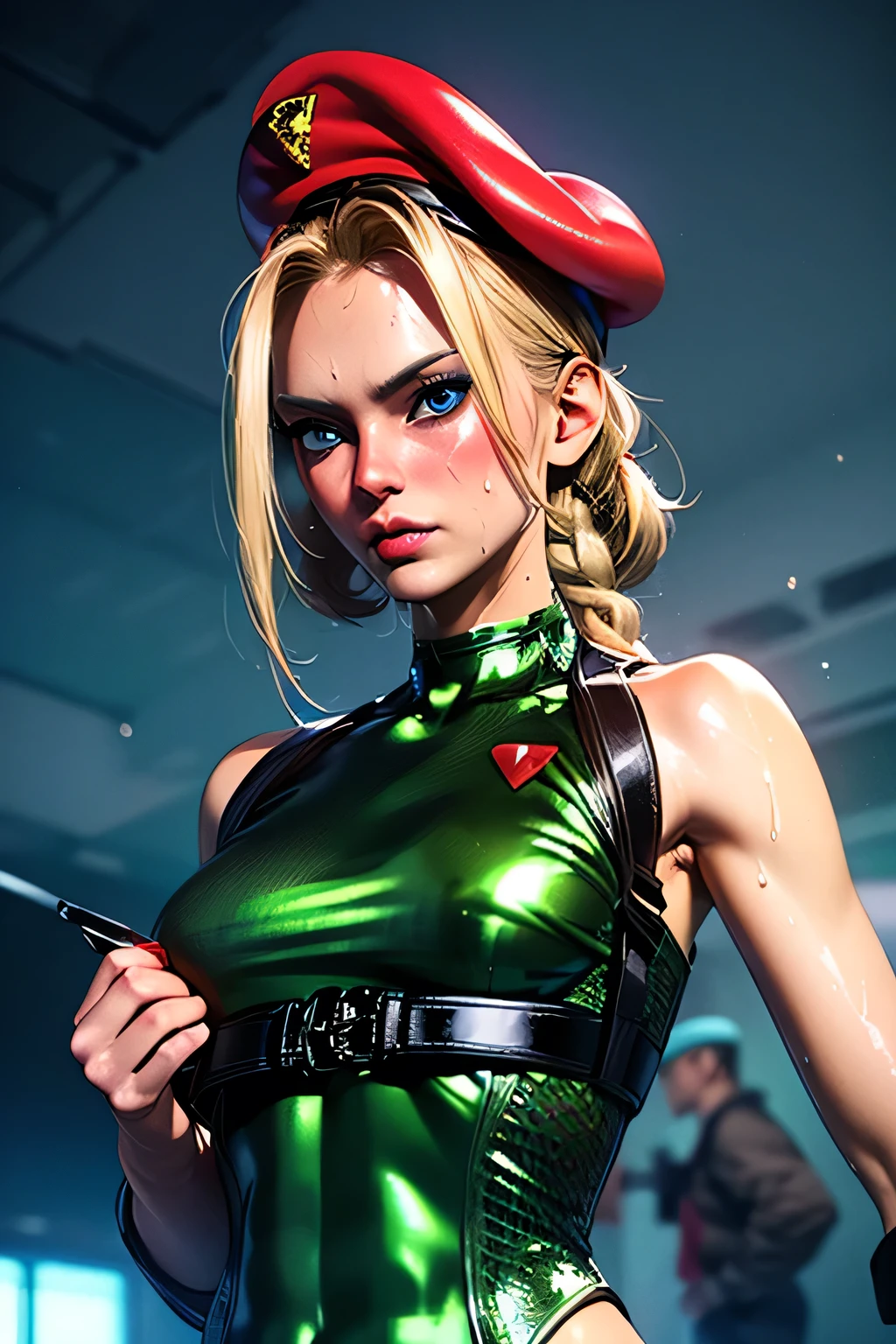 top quality,highest resolution,(((latex green leotard with metallic luster red beret with metallic luster Shiny Blonde blue eyes shiny skin sweat))) cammy twin tails braids girl