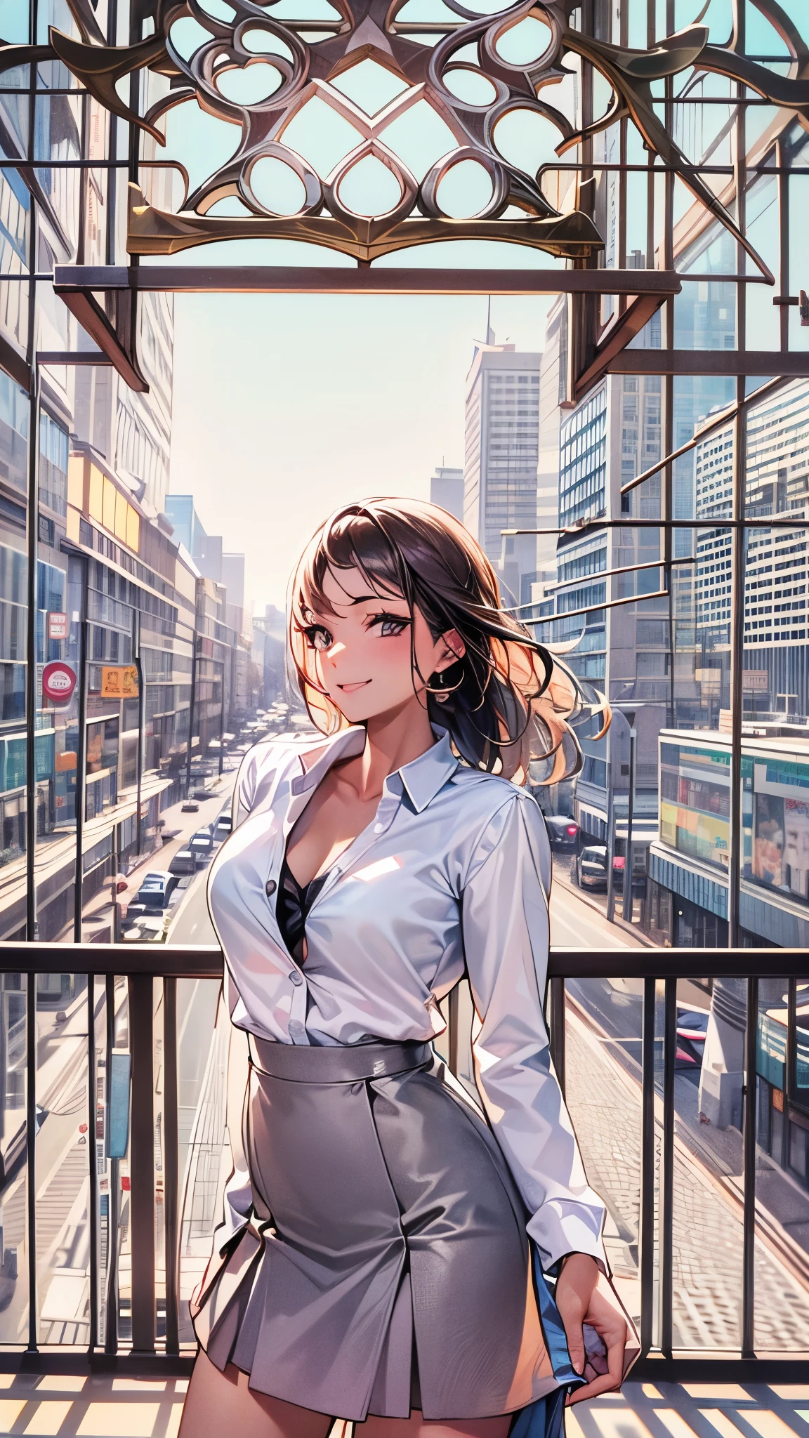 RAW photos, camera gaze, ((top quality, 8k, masterpiece: 1.3)), sharp focus: 1.2, white shirt, pretty features, best smile, cute smile, beautiful woman in perfect style: 1.4, slender abs: 1.2, dark brown hair, (natural light, city street: 1.1), highly detailed face and skin texture, detailed eyes, double eyelids