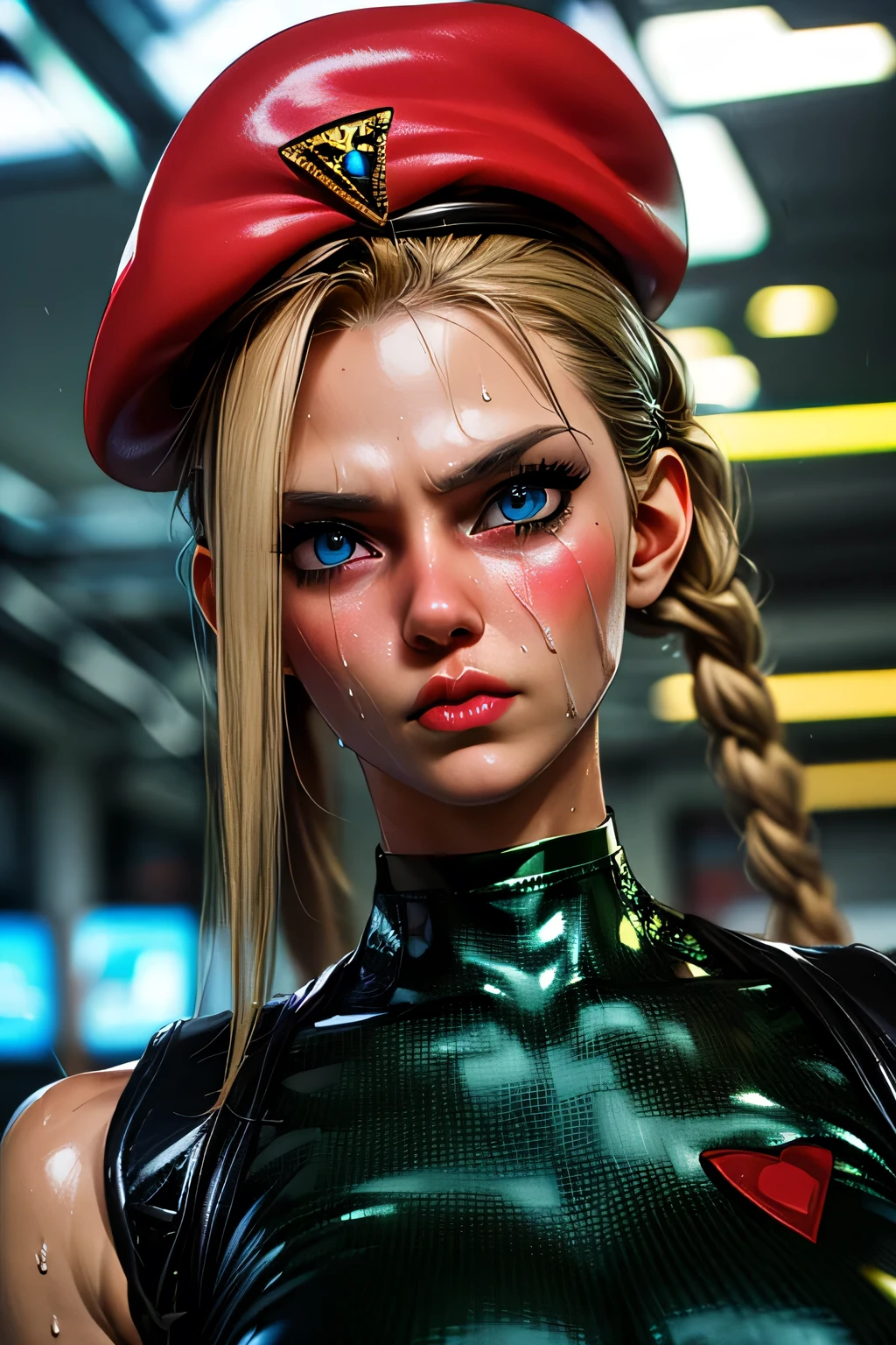 top quality,highest resolution,(((latex green leotard with metallic luster red beret with metallic luster Shiny Blonde blue eyes glossy skin sweat))) cammy twin tails braids girl