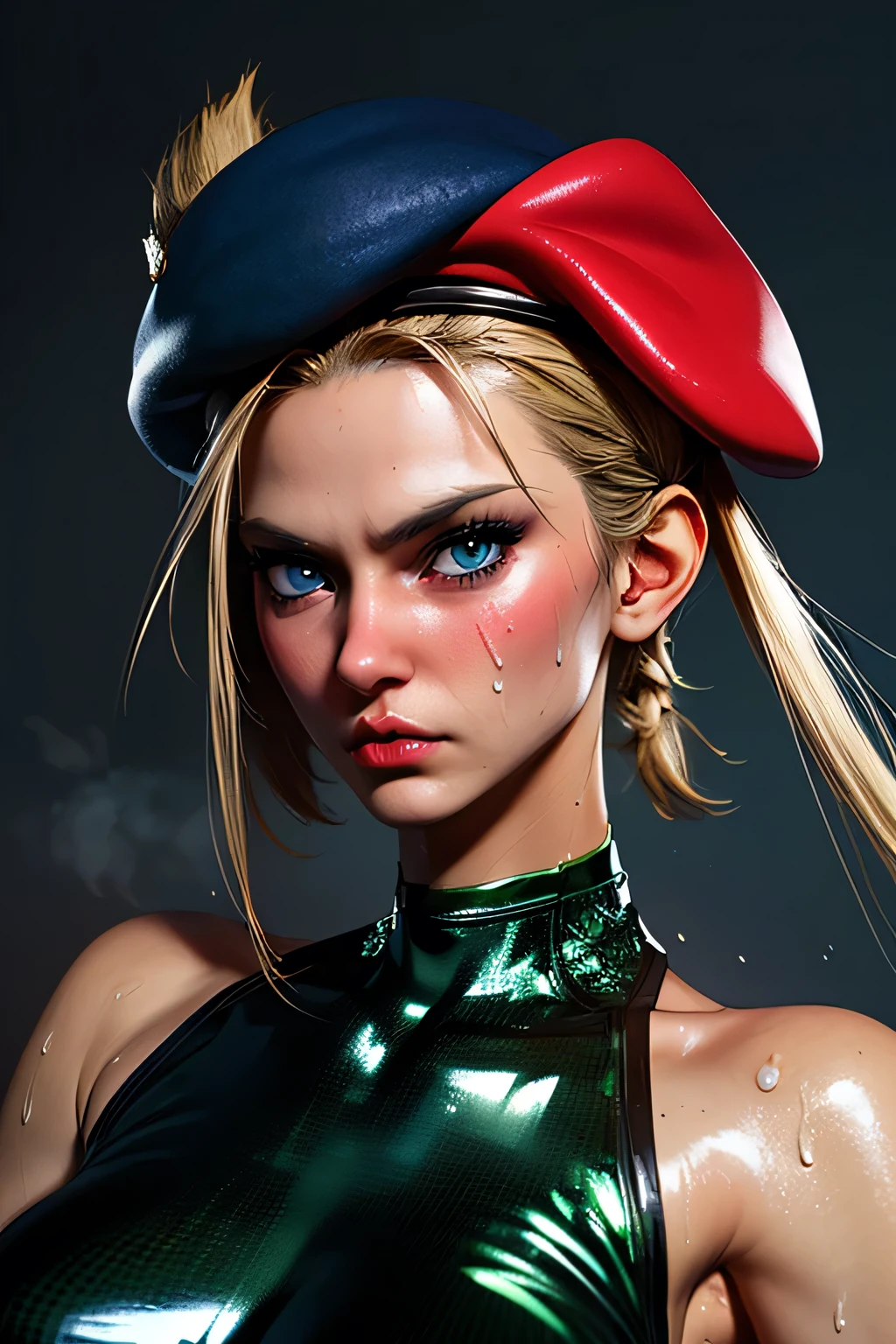 top quality,highest resolution,(((latex green leotard with metallic luster red beret with metallic luster Shiny Blonde blue eyes glossy skin sweat))) cammy twin tails braids girl