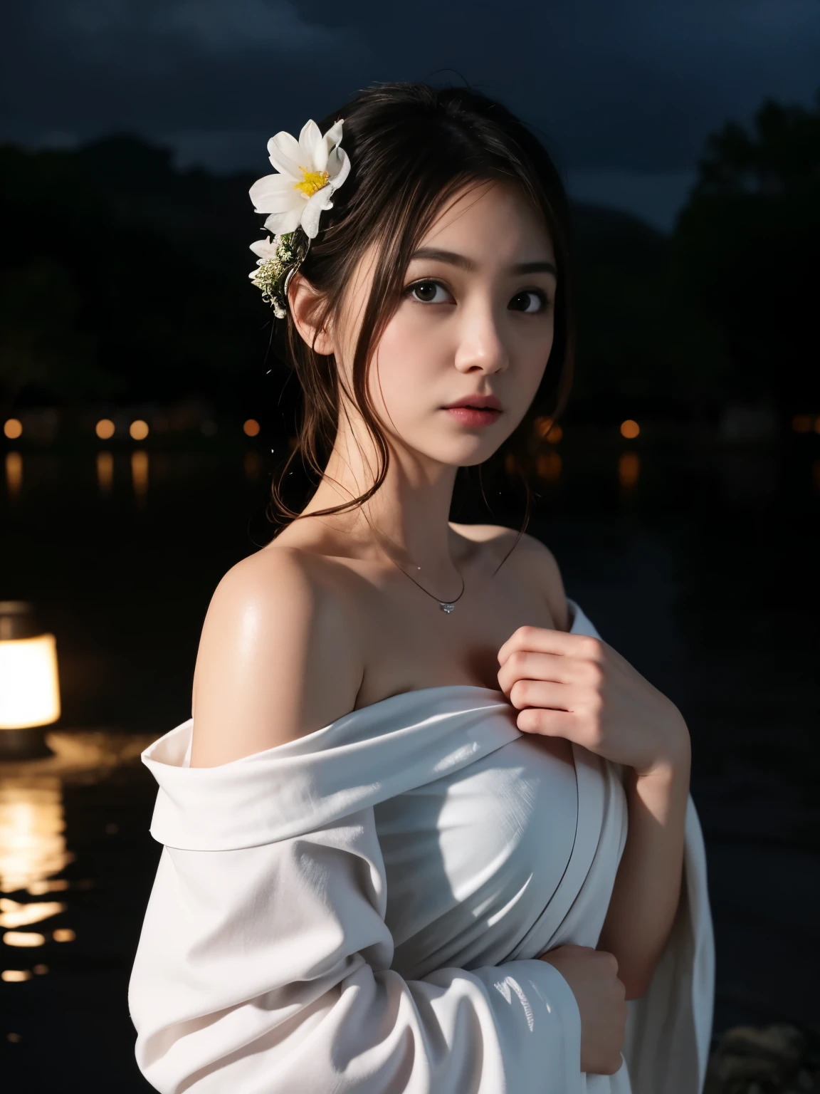 1 girl, chest, moon, lantern, night , Alone, large chest, hair ornament, wet, kimono, Japanese Clothes, water遊び, water, hair flower, flower, outdoor, null, full moon, rain, black hair, off shoulder, Mountain, cloud, holding, band, bare shoulder, paper lantern, standing, white kimono, night null, sideboob, heart, wet clothes, bungs, tree, from the side, reflection, short hair, cloudy null, wet hair (((masterpiece),(Highly Detailed CG Unity 8K Wallpaper),Best Quality,,Alone,1 girl,cinematic lighting,detailed background,beautiful and detailed eyes, Bright Eyes , (very delicate and beautiful),( beautiful detailed eye description ), super detailed,masterpiece,)),