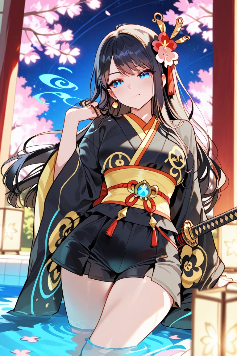 best quality, (masterpiece),(ultra-detailed), (high quality), (high resolution), <lora:nottvt:0.7>,nott vt, animal ears, cat ears, black hair, long hair, cat girl, blue eyes, multicolored hair, blue hair, hair ornament, jingle bell, ahoge, japanese clothes, sash, clothing cutout,