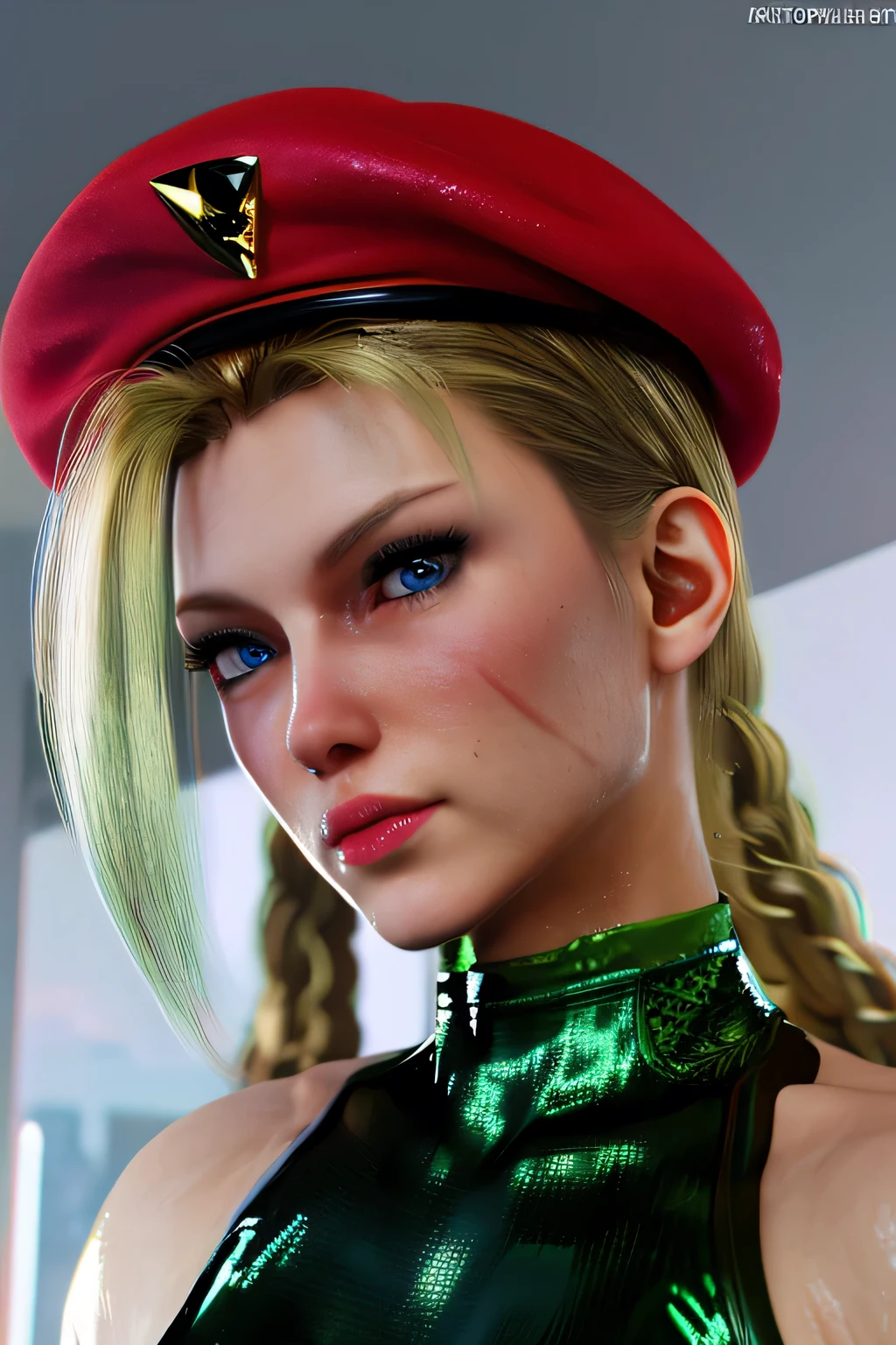 top quality,highest resolution,(((latex green leotard with metallic luster red beret with metallic luster Shiny Blonde blue eyes shiny skin))) cammy twin tails braids girl