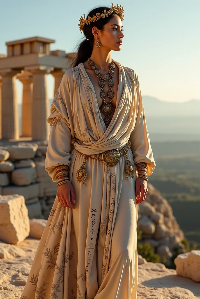 masterpiece, reality, 4k, (medium full shot) of (striking young woman from the ancient roman era), chinese, pale skin, brown eyes, slim build, long brown bob hair, wearing a silver wool tunic with embroidery, toga picta, hide sandals, gold earrings, hair ribbons, set in ancient rome, an awe-inspiring Temple of Saturn, echoing with the piety of ancient Rome, featuring grand architecture, sacred spaces, and statues honoring the god, at night, woman smiling