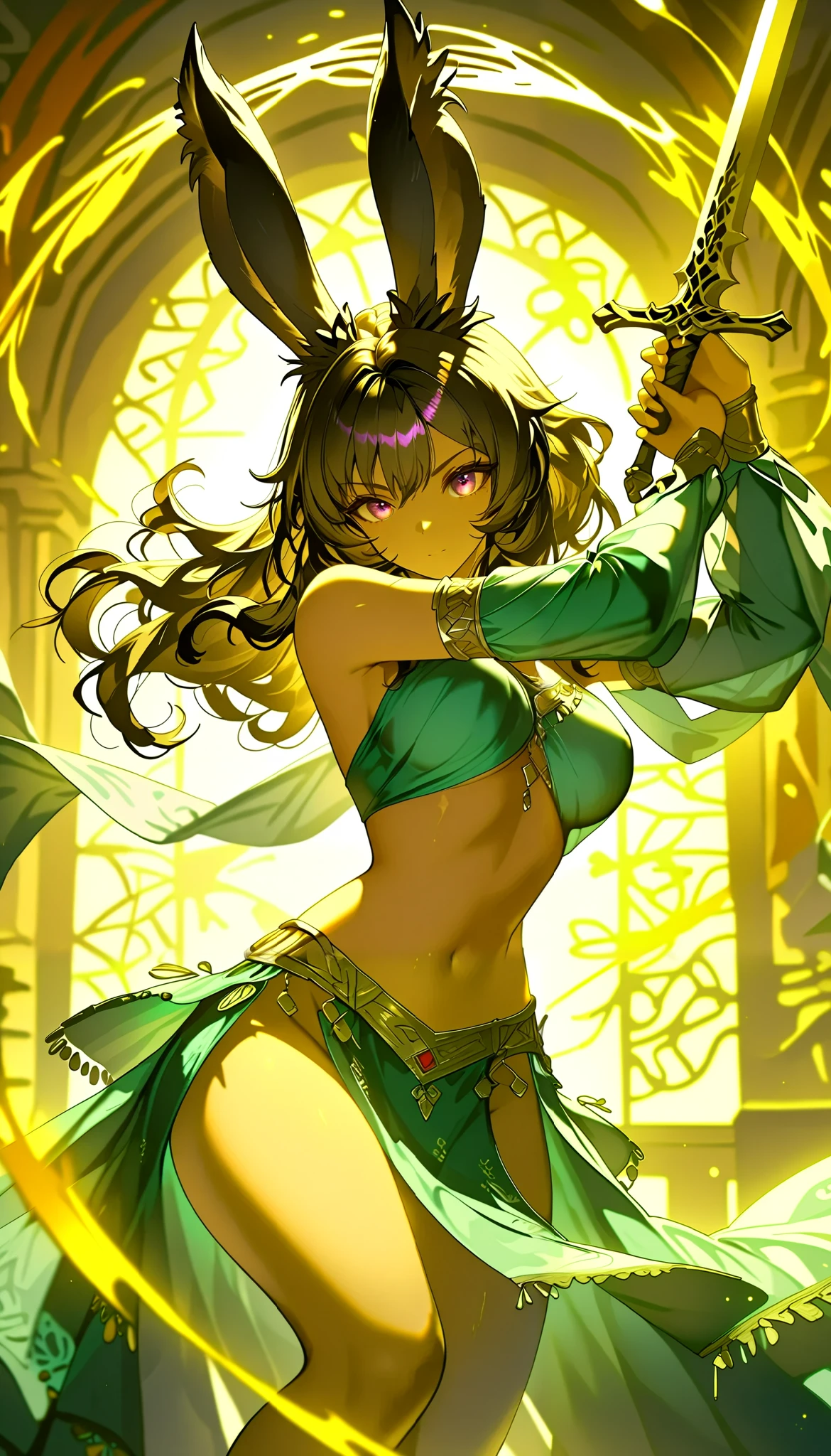 ((sword)) in the palm of your hand,A swordsman going into battle,dressed as a female Viera dancer,(holding a sword),Illustration for both eyes,animation,The swordsman dressed up in women's clothing to catch the enemy off guard, beautiful and cool ,neutral facial features,Empty wine barrels,Dancer costume: details,Wide color gamut ,colorful,rendering,colorful,Cast colorful spells,liven up battles with battle scene effects,Focus on the swordsman,Fighting with a sword:Metal Reflection:Straight blade:sword,top quality,best masterpiece,complex details,flash,very flash, Beautiful Light and Shadow ,rendering, zentangle elements, Wind effect ,masterpiece,best masterpiece,Carefully and boldly,dynamic,cowboy shooting