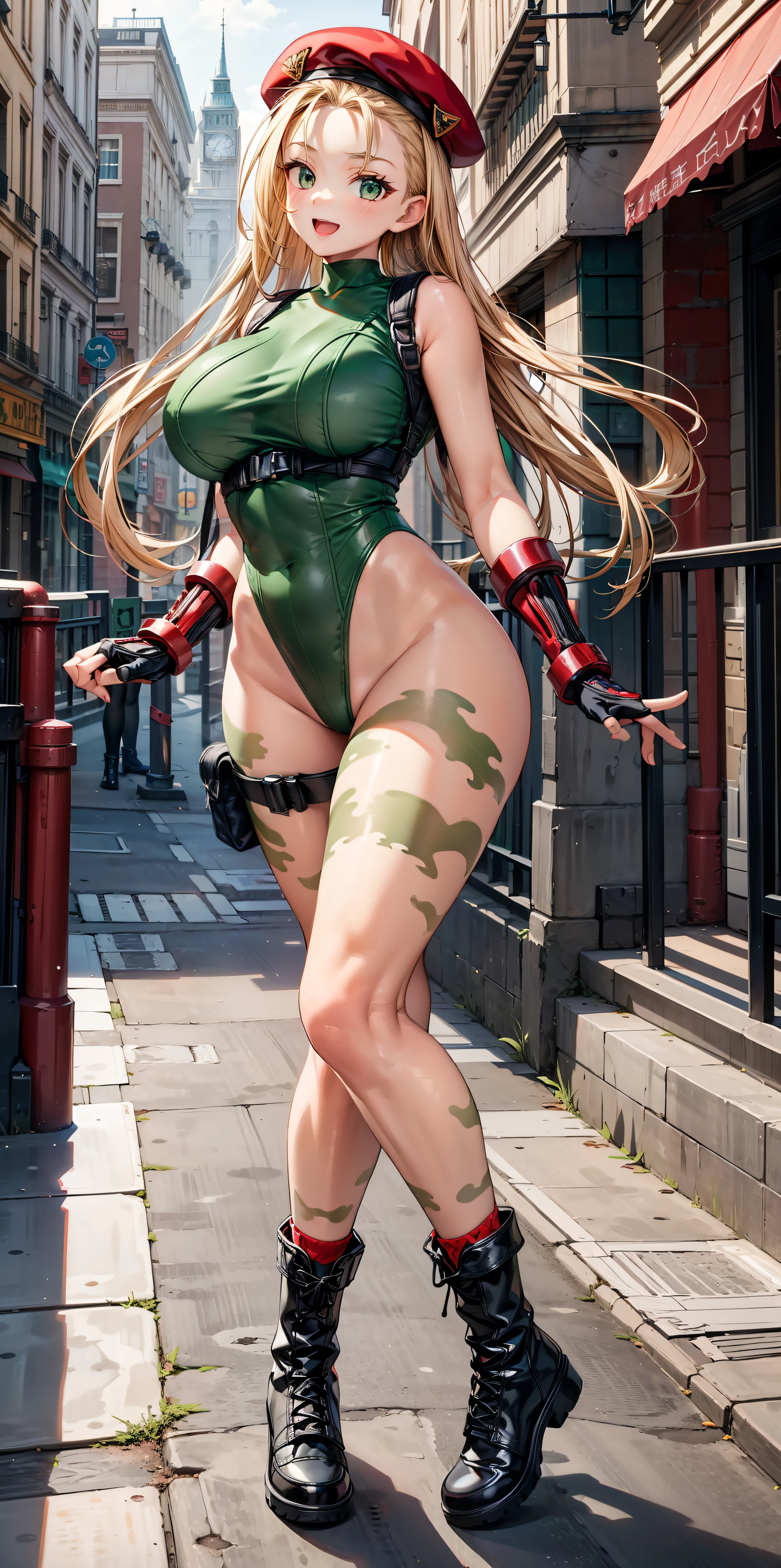 Obra maestra, 4k, altoly detailed, Cammy de Street fighter, Looking to the camera, ojos azules, platinum blonde hair combed into long pigtails with a small blade of bangs over her forehead, Titis ancha, Cammy, ((una cicatriz en su mejilla izquierda)), Hermosa mujer vestida de militar ((Green thong class leotard and the Delta Red triangle insignia on her left chest)), ((military tactical stolera)), (((En su cabeza lleva una boina militar roja))), Botas de combate negras y guanteletes rojos, (his legs are sparsely decorated with green camouflage paint), Imagen clara de medio cuerpo, sonriendo al espectador, Cantidad extrema de detalles, (Make every pixel count to draw the most beautifully detailed art you can:1.1), analog style, colores brillantes, symmetrical, centrado, de cerca, femenino, athletic, adaptar, cintura estrecha, alto, piel bronceada, [(colorful explosion psychedelic paint colors:1.1)::0.125], realista body proportions, realista, photo-realista, 8k, altoly detailed, Luz LED, luces laser,con sabor a frutas, (thepit bimbo:0.5), Lustroso,anatomically correct, symmetricalal anatomy