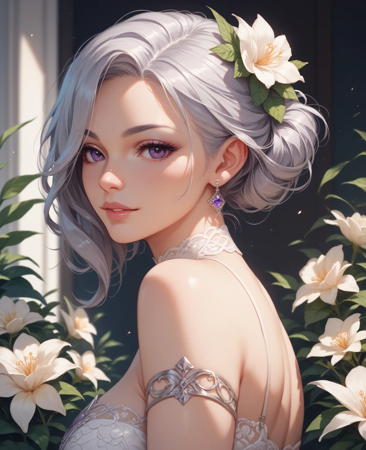 score_9, score_8_up, score_7_up, Girl's profile picture, light green long hair with bangs, light blue petals on cheeks, realistic skin texture, detailed picture, HD32k