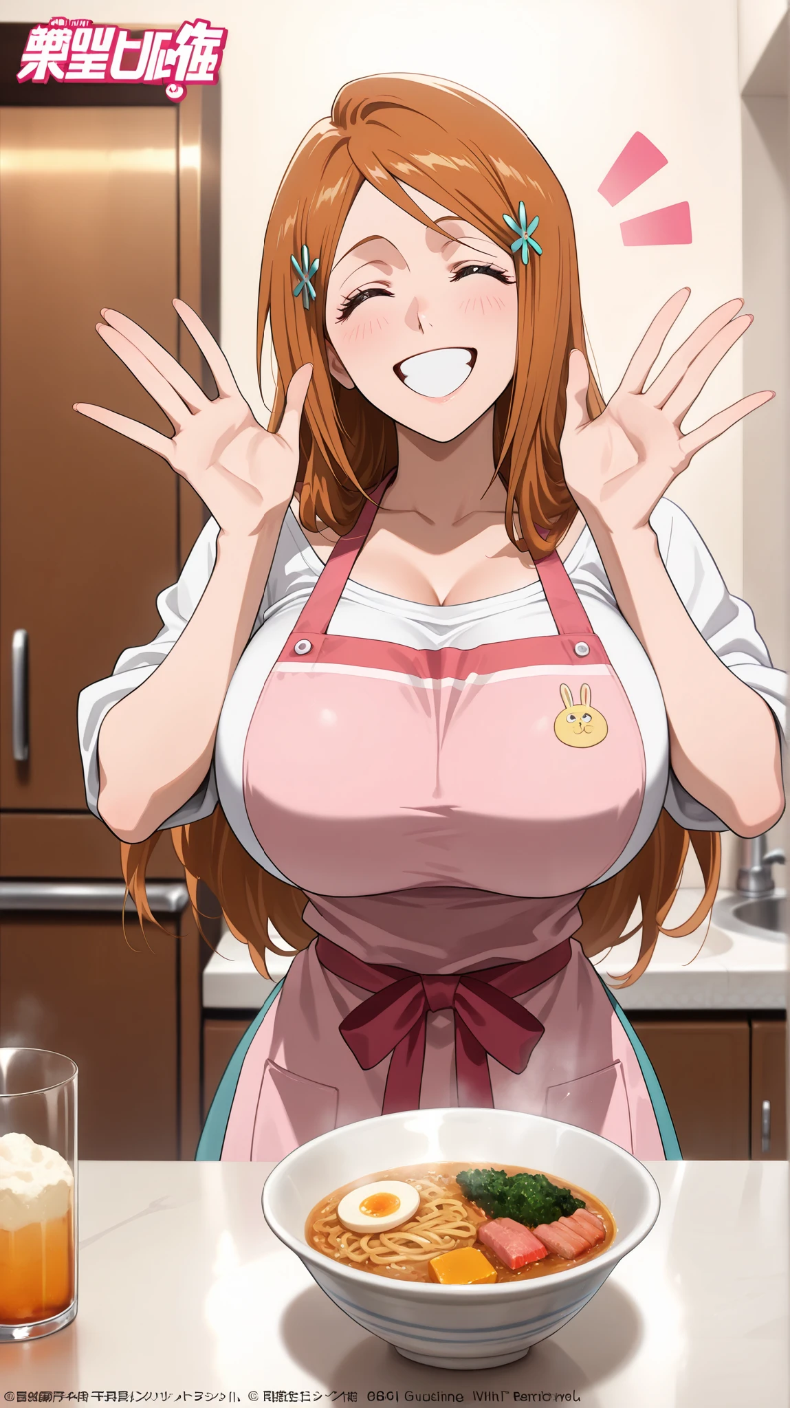 ((Masterpiece,  best quality ,  highly detailed CG,  8k Unity Wallpaper)),(Masterpiece, best quality, Official Art, beautiful), Very vivid,High-precision images,Ultra high resolution, beautiful quality and attention to detail, 1 female, inoue orihime, pink apron, bringing one bowl ramen with two hands, in living room, smiling, closing eyes, standing, detailed, full anatomy
