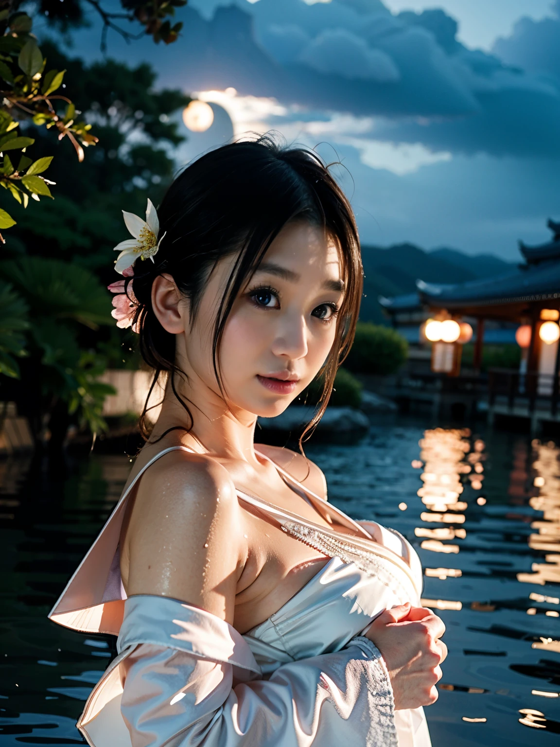 1 girl, chest, moon, lantern, night , Alone, large chest, hair ornament, wet, kimono, Japanese Clothes, water遊び, water, hair flower, flower, outdoor, null, full moon, rain, black hair, off shoulder, Mountain, cloud, holding, band, bare shoulder, paper lantern, standing, white kimono, night null, sideboob, heart, wet clothes, bungs, tree, from the side, reflection, short hair, cloudy null, wet hair (((masterpiece),(Highly Detailed CG Unity 8K Wallpaper),Best Quality,,Alone,1 girl,cinematic lighting,detailed background,beautiful and detailed eyes, Bright Eyes , (very delicate and beautiful),( beautiful detailed eye description ), super detailed,masterpiece,)),
