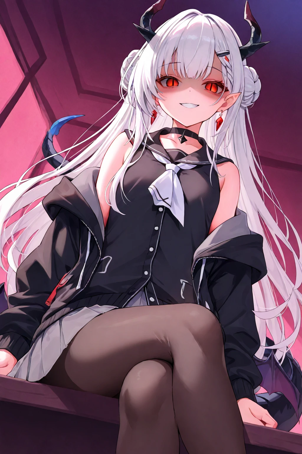 ((1 female, 19, silver hair, dark red eyes, vampire, innocent look, blushing, in a classroom, long black nails, fishnets, black heels, pale skin))