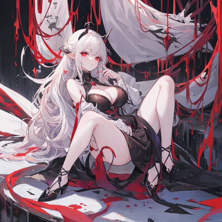 a girl,crawling on all fours, Sheep's horn, full color, long white hair, Red Eyes ,Eyeliner, , Turn your hips, immerse in water, black transparent clothes, Red, open air, Rose, night, ruins, Butterfly,back view,big asutt close-up