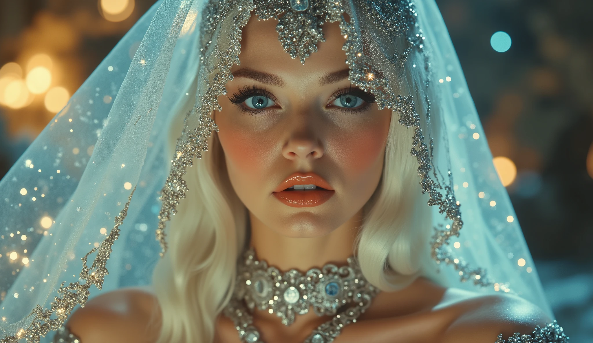 A close-up of a royal woman, her face partially obscured by a delicate, futuristic lace veil, adorned with tiny holographic stars. Her long, silky white hair flows past her shoulders, illuminated by the soft glow of floating neon lanterns. She wears an elegant, off-shoulder metallic gown, encrusted with small, crystal-like circuits that subtly pulse with energy. Her piercing, icy-blue eyes give her a commanding yet alluring presence. The background features the soft glow of a golden planetary nebula, adding a dreamlike quality to the scene.