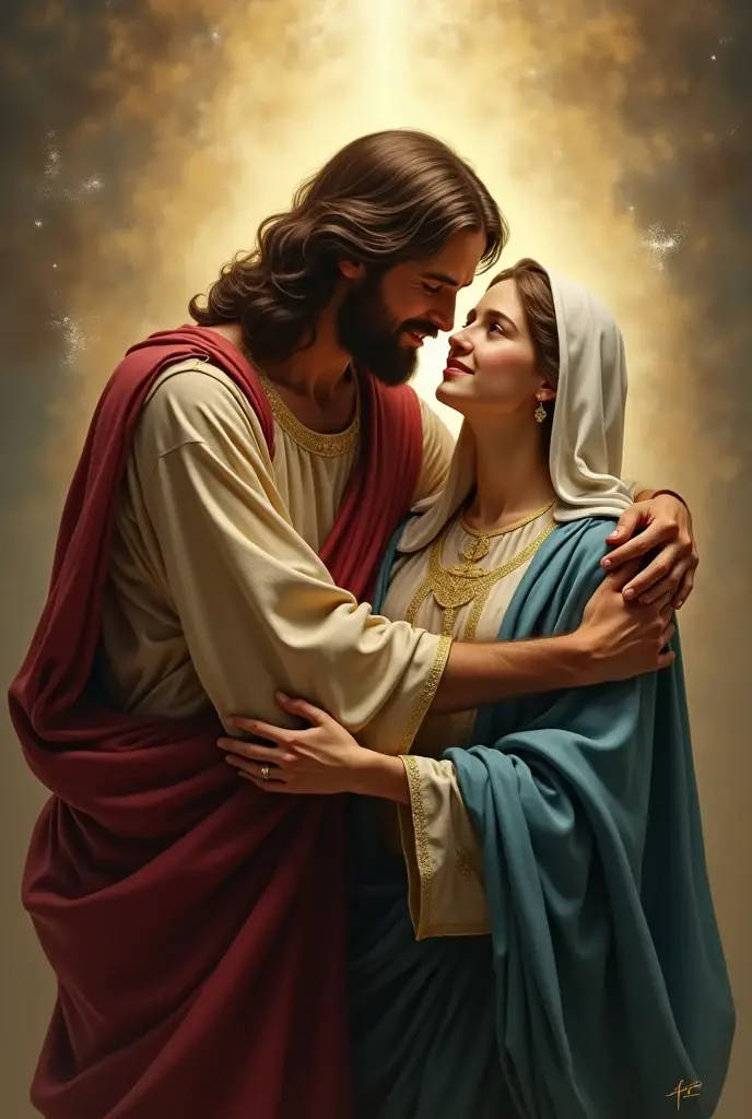 Jesus Christ lovingly embracing his mother the Virgin Mary
