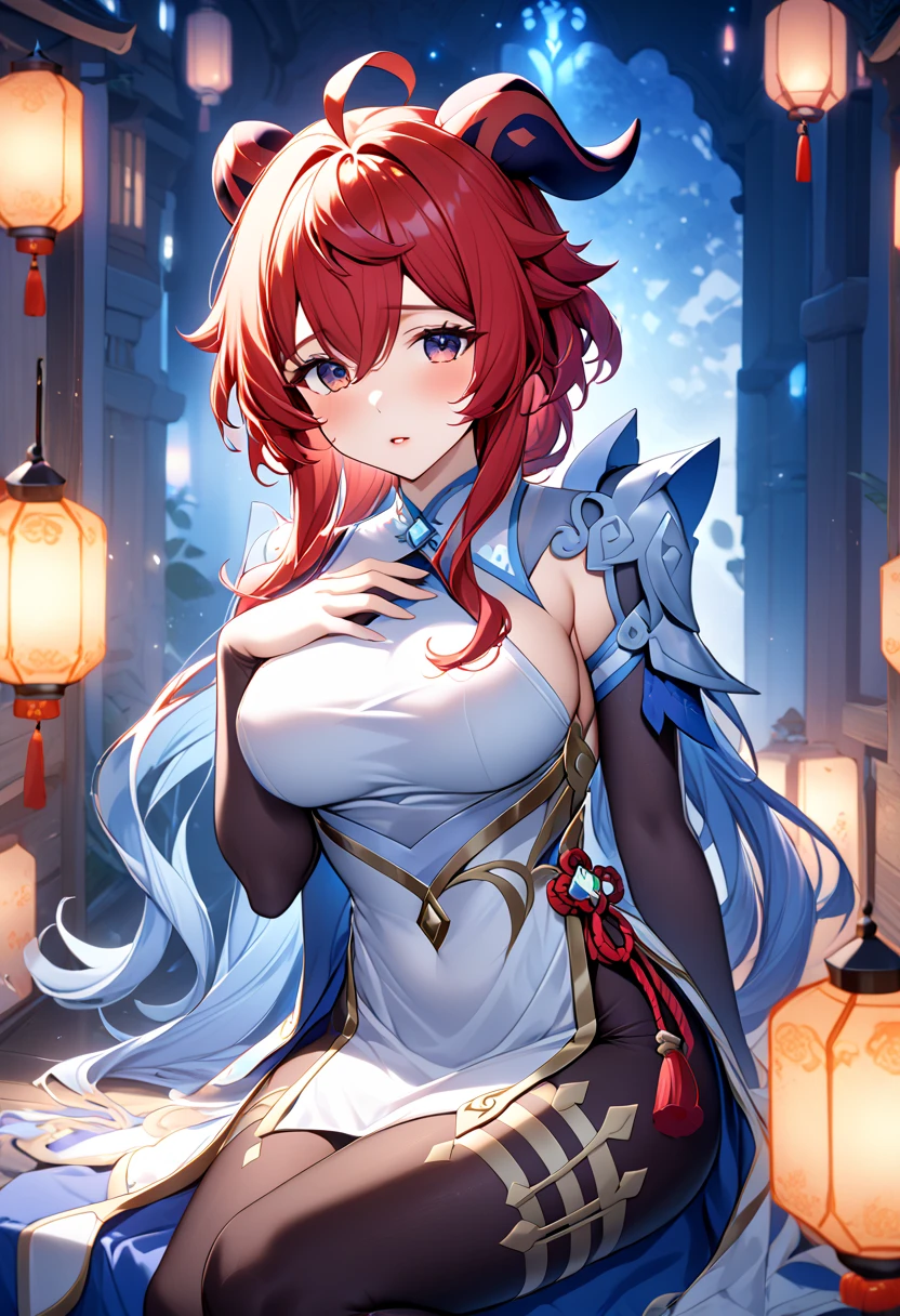 ((masterpiece,best quality)), absurdres, Ganyu_Genshin, 1girl, solo, long hair, blue hair, purple eyes, low ponytail, ahoge, horns, long hair, low ponytail, ahoge, horns, bare shoulders, neck bell, bodystocking, white dress, gold trim, flower knot, detached sleeves, black gloves, pelvic curtain, thighlet, pantyhose, smile, looking at viewer, cowboy shot, slim legs, blue eyes, nilou, red hair, long hair, mesmerising , medium breast, happy, cleavage, armpit, perfect armpit.

