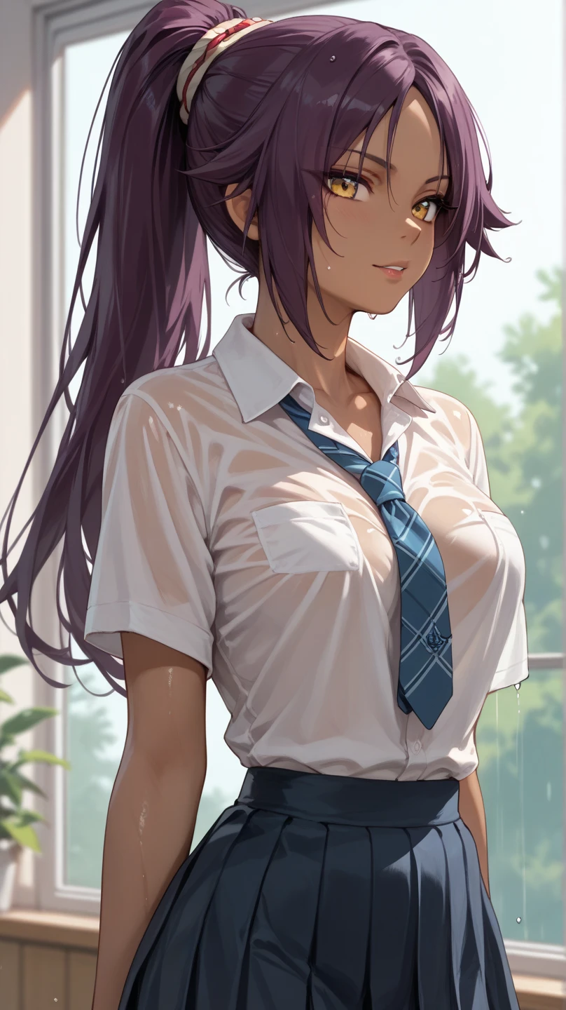 (highest quality:1.2, Very detailed, up to date, Vibrant, Ultra-high resolution, High Contrast, masterpiece:1.2, highest quality, Best aesthetics), Portraiture、girl、25 years old, Bright colors、Beautiful fine details、Beautiful lip detail、long hair、black and purple ((streaked hair:1.6)), highlights hair: 1.5, rbrown eyes, glasses, cross earrings, ((slim body:1.6)), (small breast:1.5), standing, loose button-up shirt, skirt, meeting room、Cowboy shot,