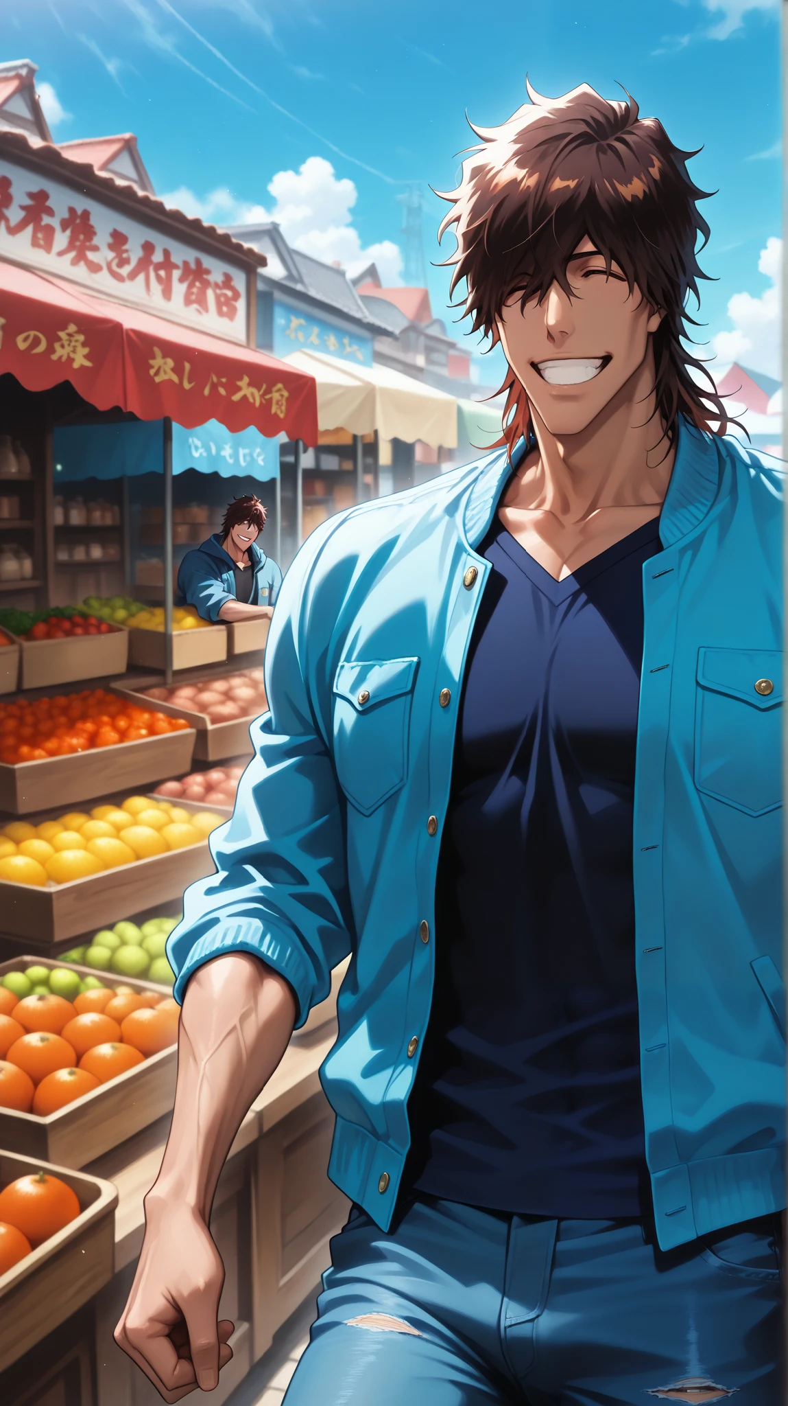 1 male, yasutora_sado, smile, greetings, closed eye, close up, detailed, full anatomy, market, beautiful sky, blue jeans jacket, muscular