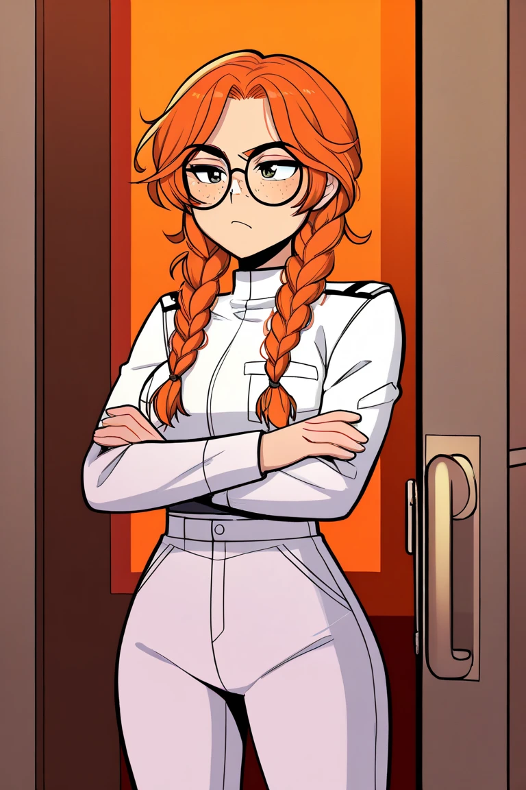 high definition illustration, Anime style,  Female character , Long Hair, braids, bright orange hair,  freckles on cheeks and nose, beautiful,  eyes color amber,  breasts and large waist, black round glasses,  white military jacket, white pants , At the entrance with your hands crossed, tsundere